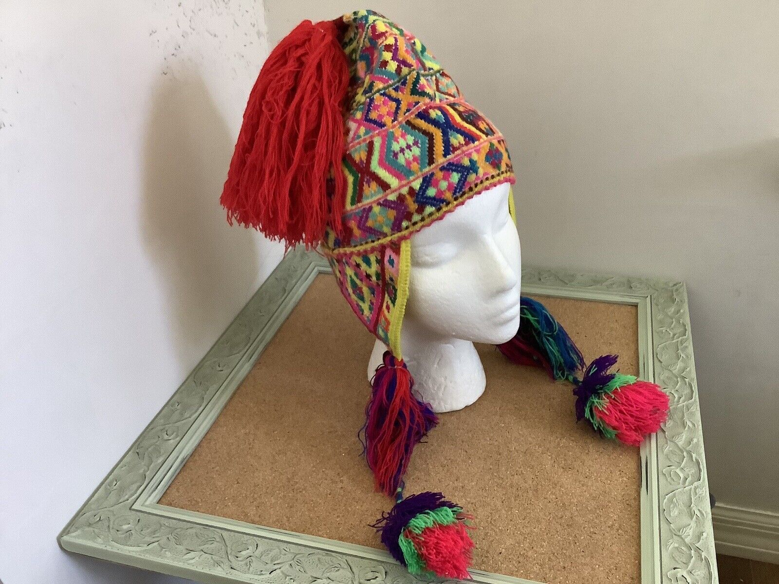 Vintage Peruvian Andean Chullo Cap Hand Knit Wool Textile Art Earflap Folk Hat