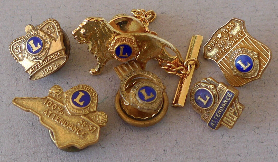 Lot of 6 vintage 1948 50s Lions Club Int\'l pins 100% attendance figural tie tack