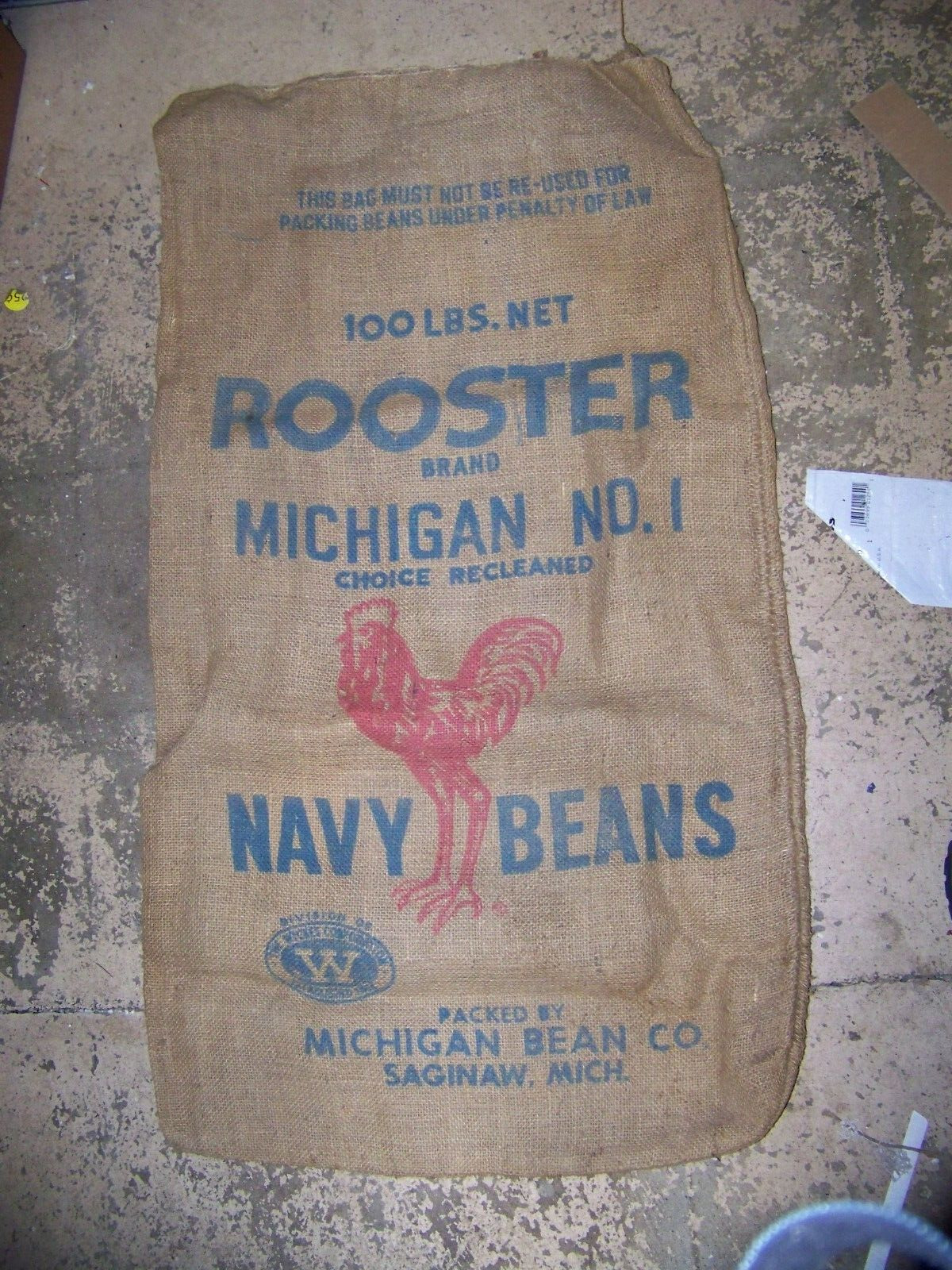RARE rooster Michigan Navy Beans Wickes Saginaw Michigan Burlap Feed Bag
