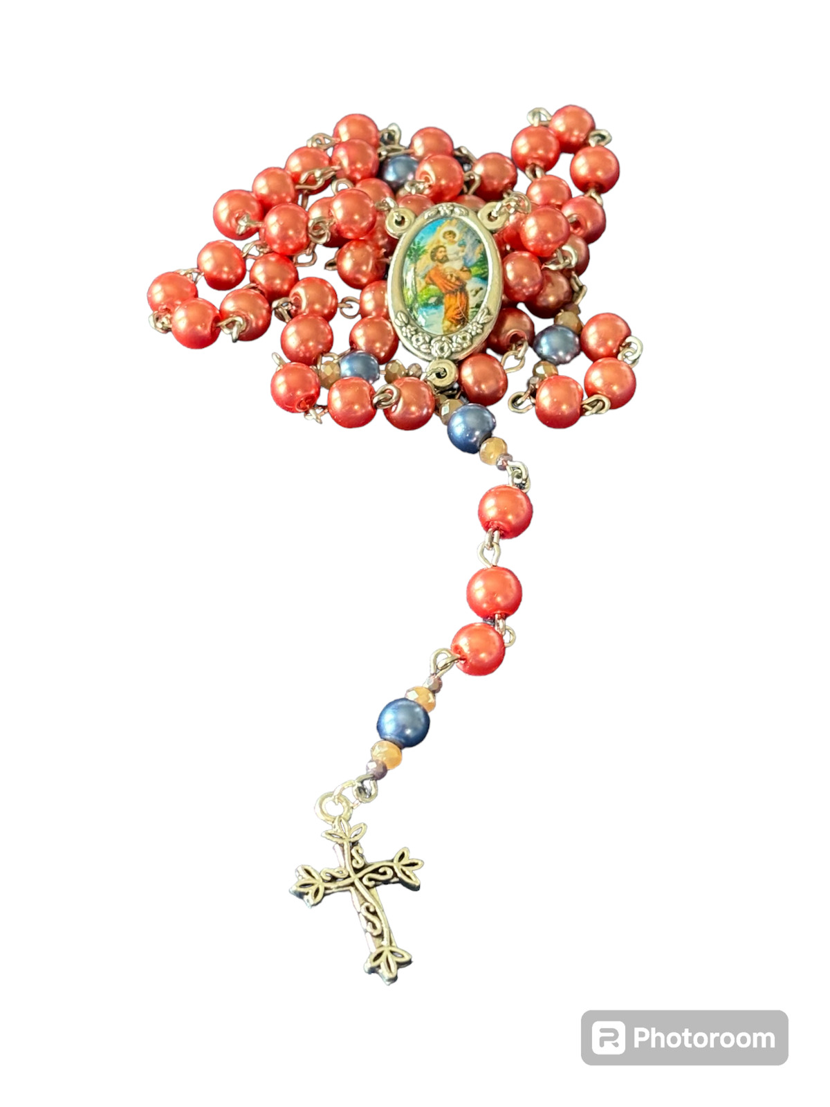 Handmade Coral Pink and Blue St. Christopher/Pray for Us Catholic Rosary
