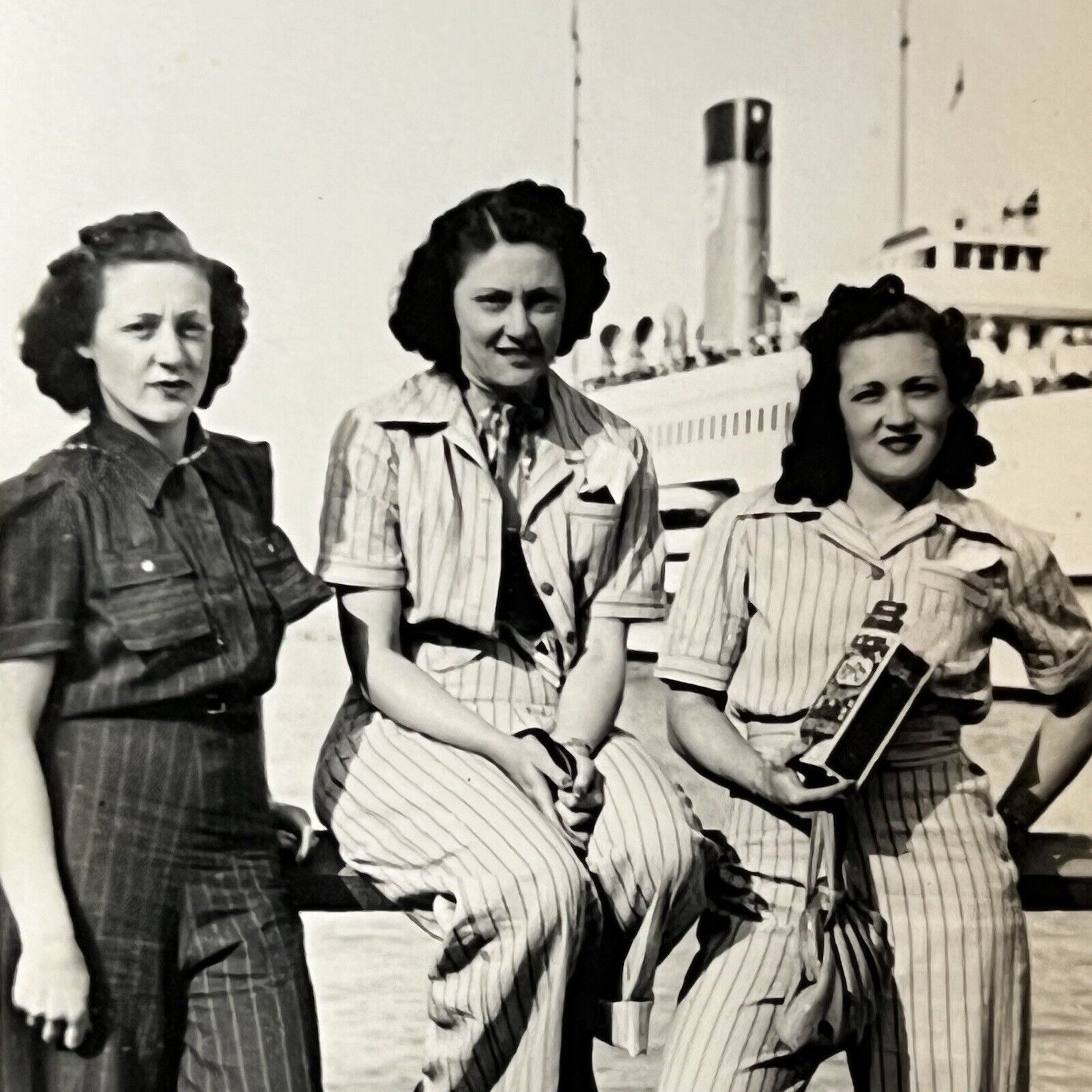 Vintage B&W Snapshot Photograph Beautiful Young Women By Ship Dock