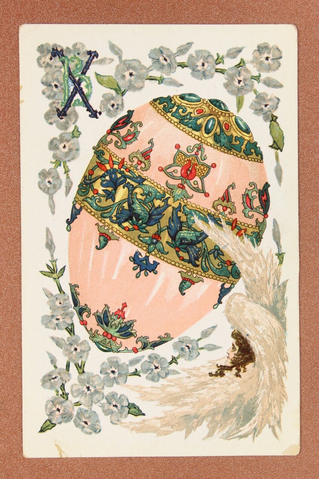 Tsarist Russia postcard 1915s PLOSHINSKY Fancy woman. Easter Big Patern Pink Egg