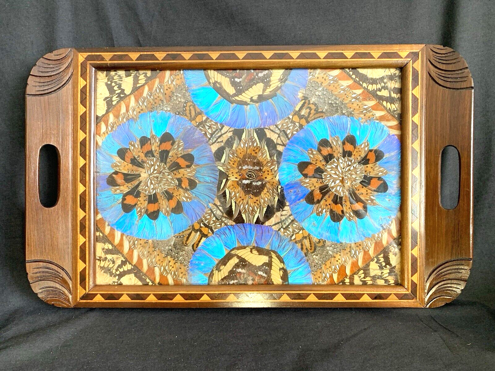 VTG Butterfly Wing Serving Tray w/ Wood Marquetry Inlay Frame 18 3/8\