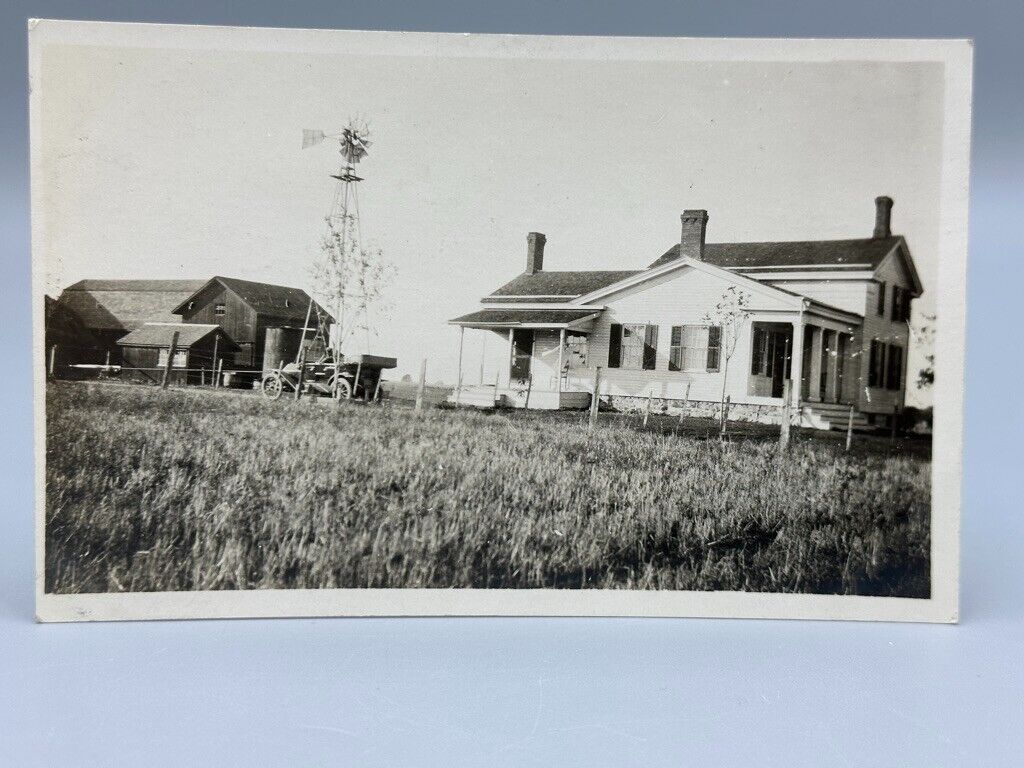 c 1920 Auto FARM House WINDMILL Barn Real PHOTO Postcard RPPC Antique