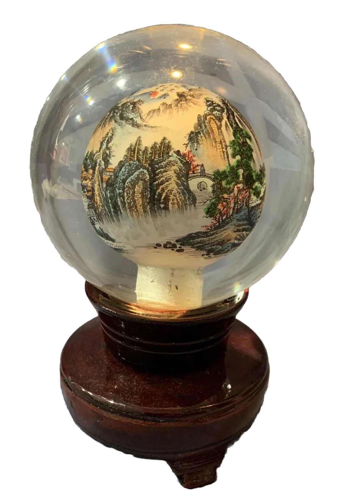 Chinese Reverse Hand Painted Glass Globe 7” Tall, Rotating Wood Base