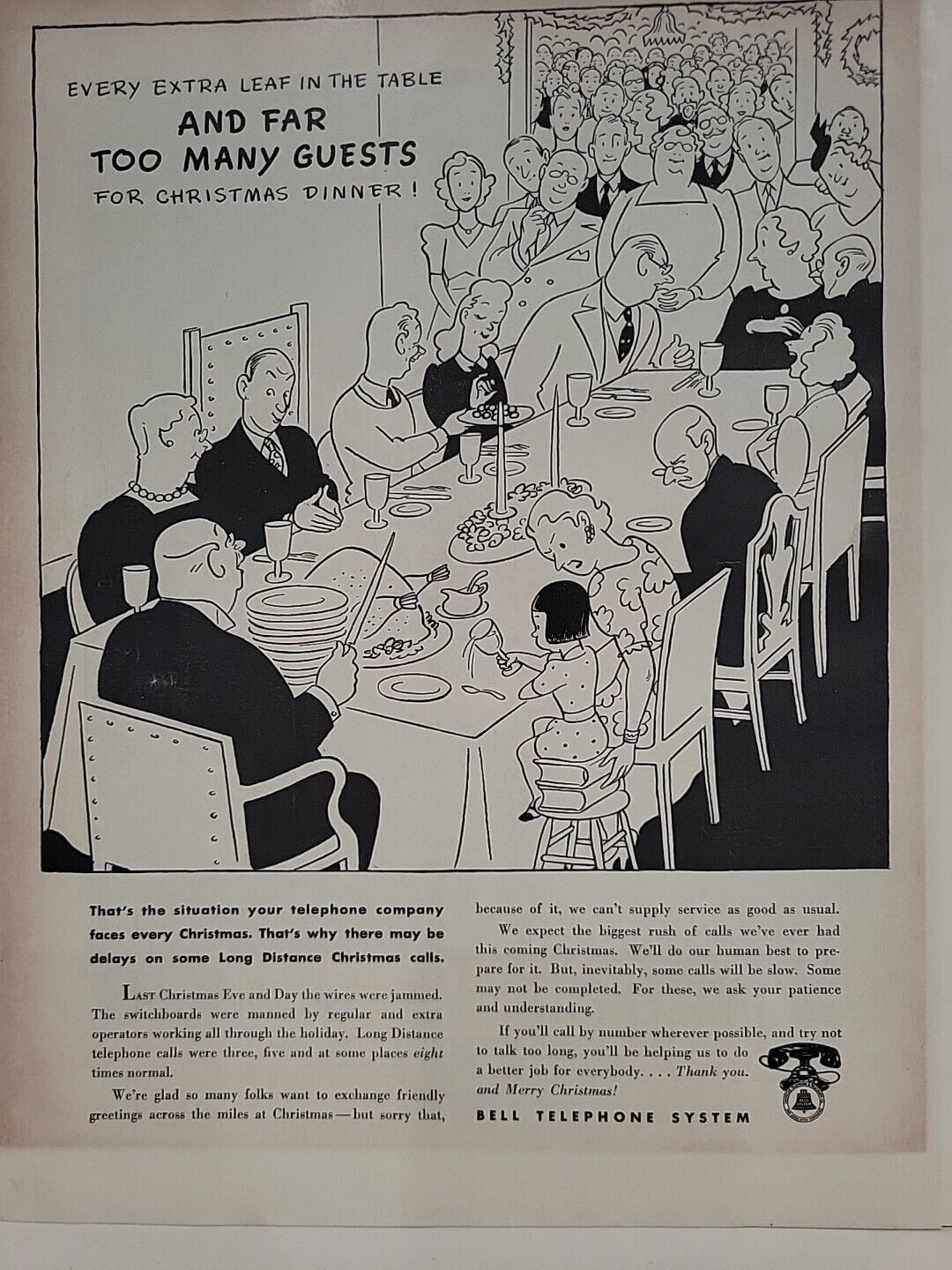 1942 Bell Telephone System Fortune WW2 Print Ad Q1 Christmas Dinner Family Crowd