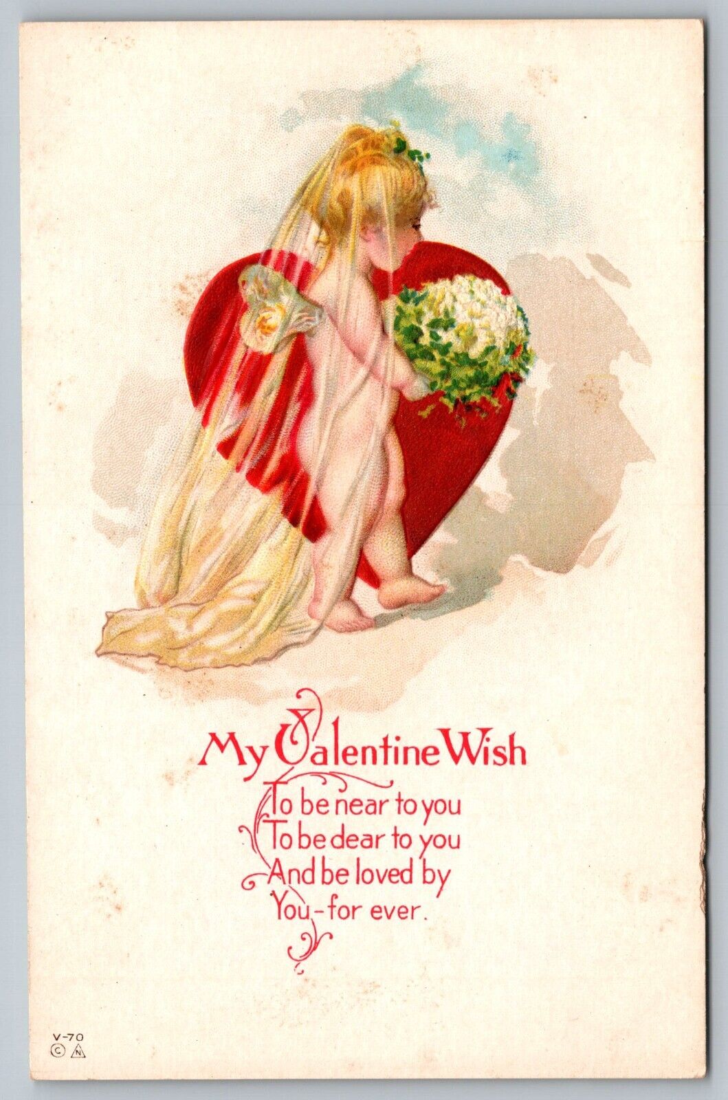 Postcard My Valentine Wish Cherub Wedding Day Angel Wearing Veil  Heart Love