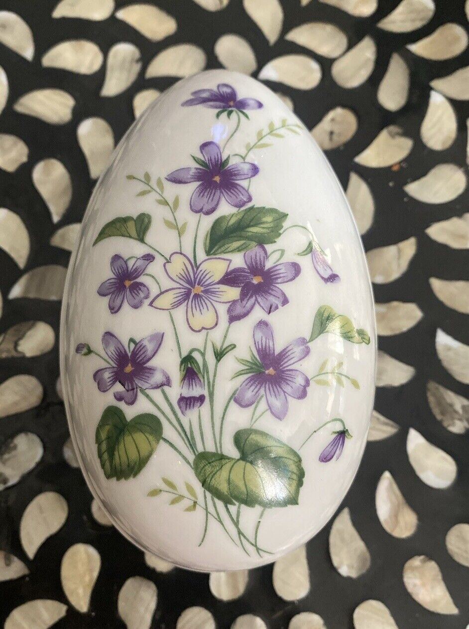 Vintage TOPLINE IMPORTS Japan  Egg Trinket Box with Purple Flowers & Silver Trim
