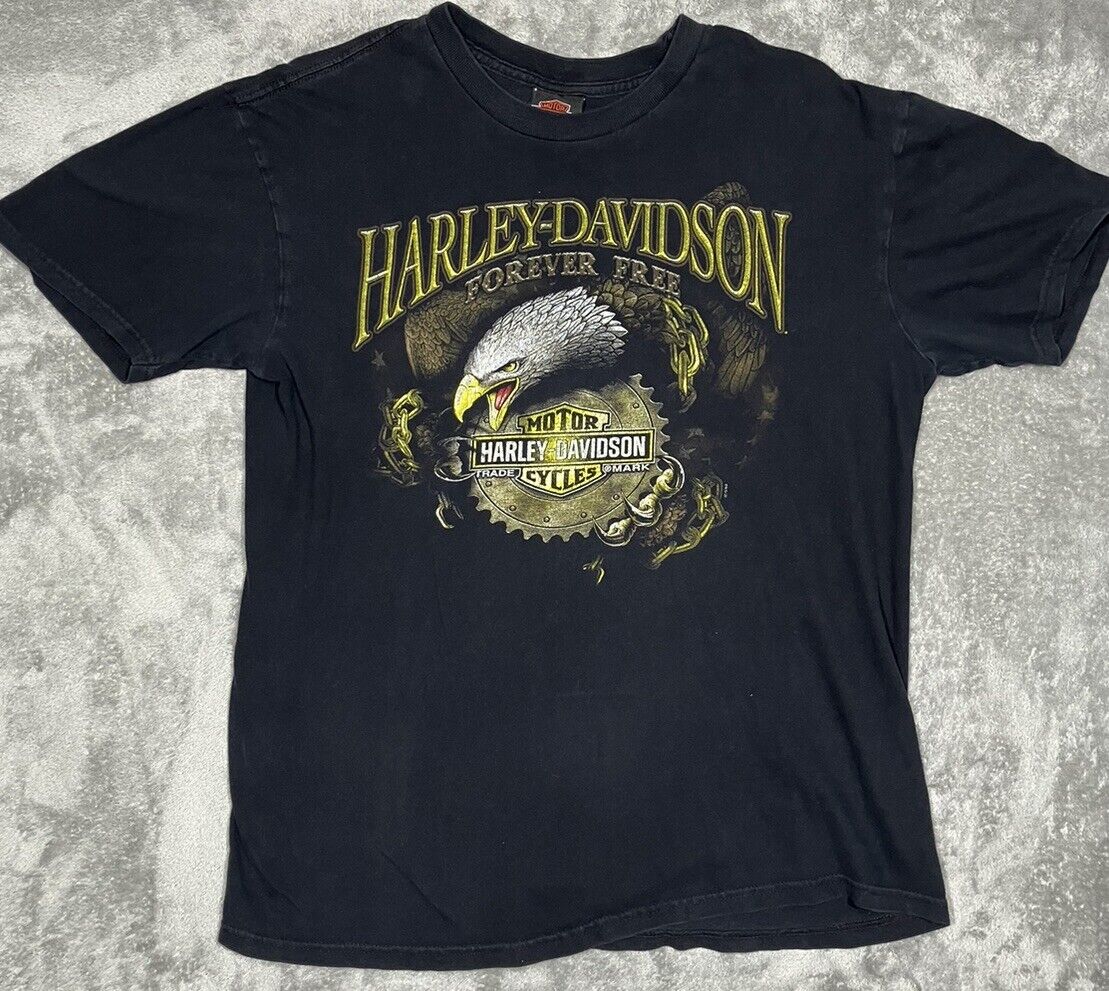 Harley Davidson Men’s Black T-shirt Forever Free Bald Eagle Wabash, IN Size L