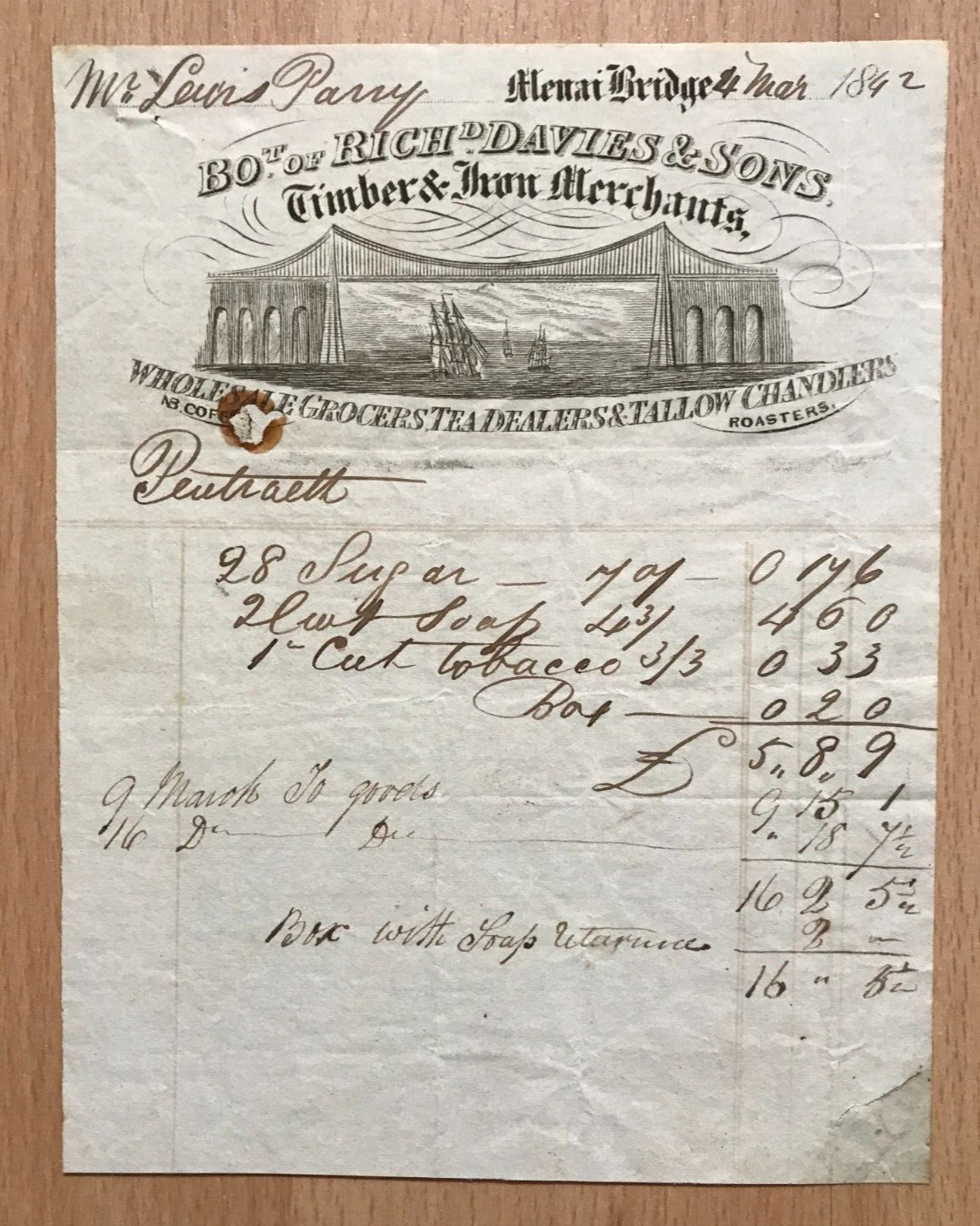 1842 invoice Richard Davies & sons Menai Bridge  Grocers, tea dealers, chandlers