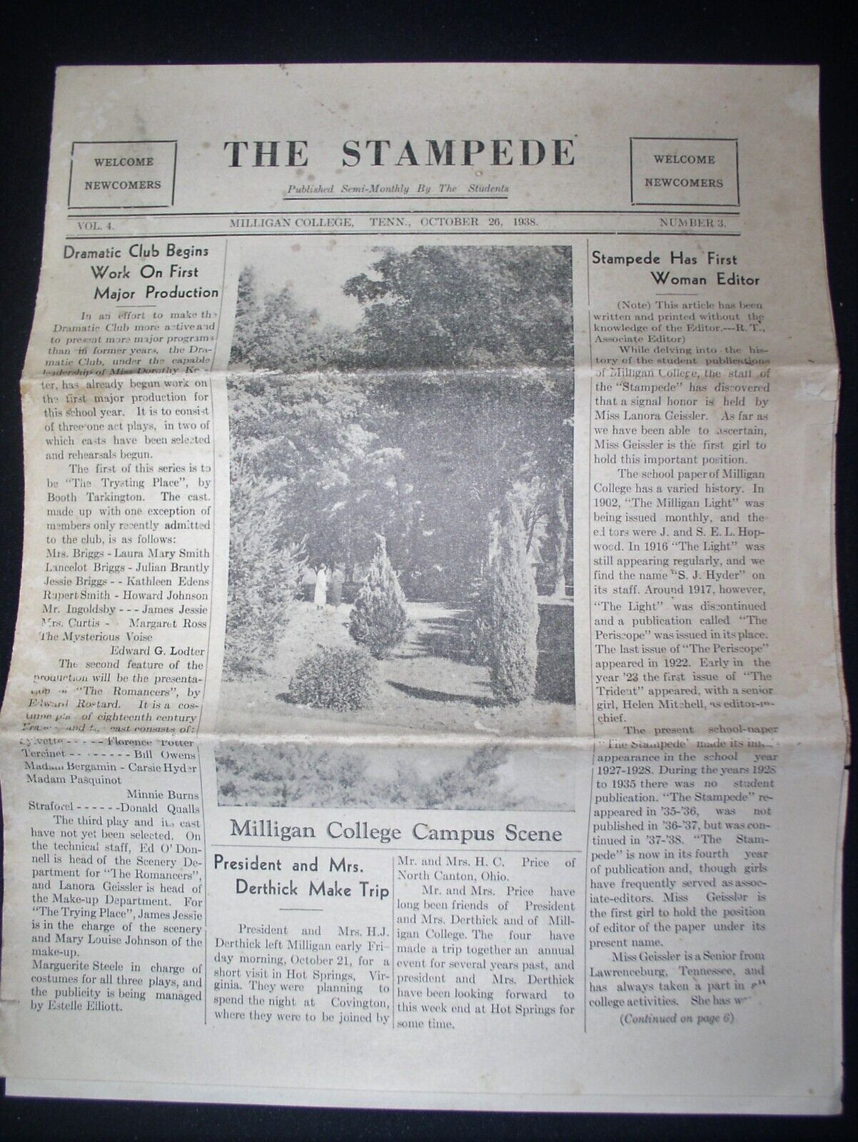 Milligan College (Univ.) Tennessee, The Stampede Oct. 26, 1938 College Newspaper