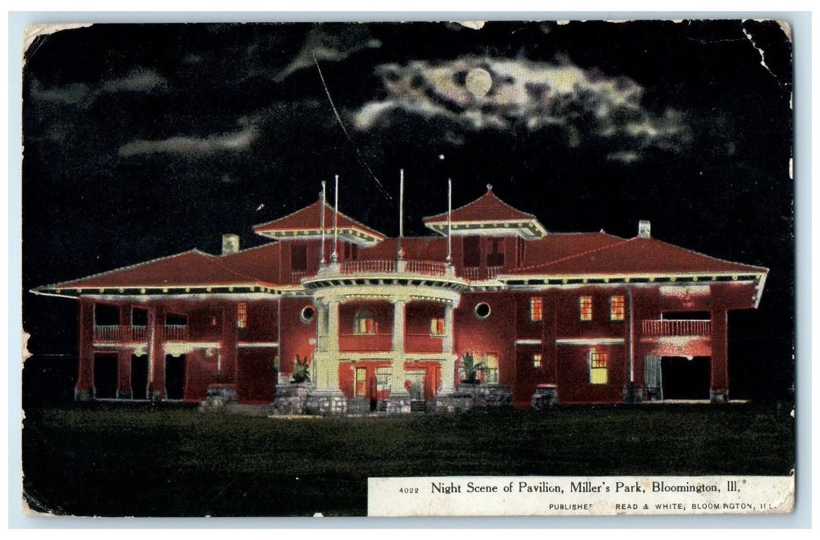 1908 Night Scene Pavilion Miller's Park Building Bloomington Illinois Postcard
