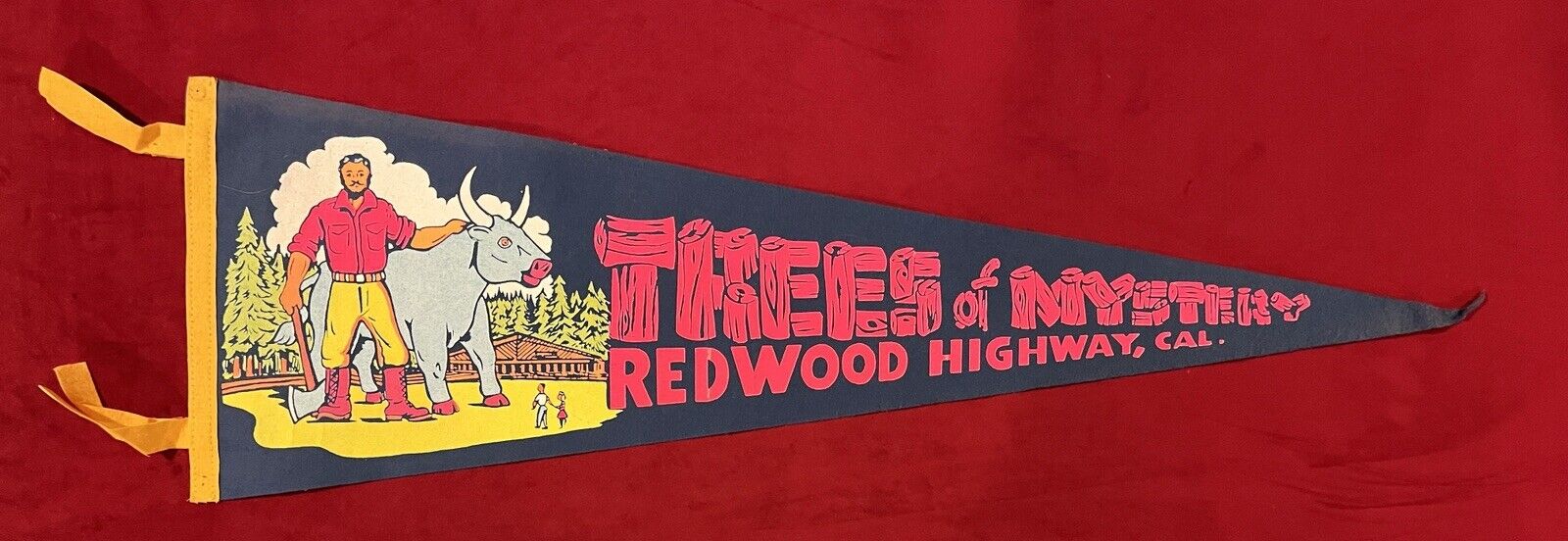 Vintage Trees of Mystery Redwood Highway California 27 Inch Travel Pennant Babe