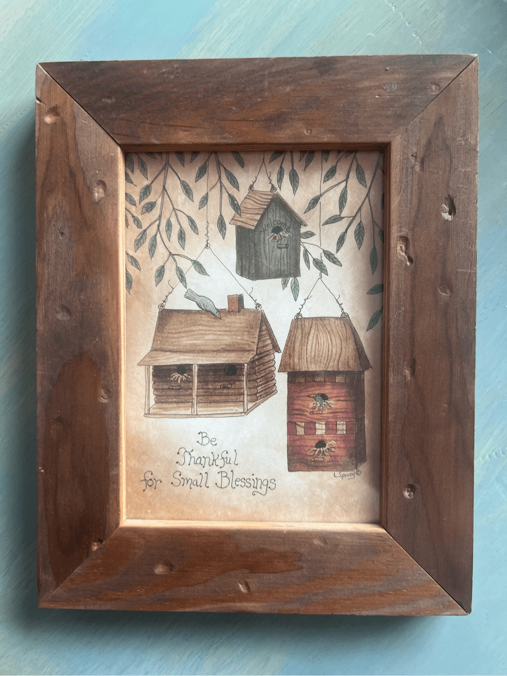 Vintage L. Spivey Thankful Small Blessings Bird House Folk Art Framed Print Amer