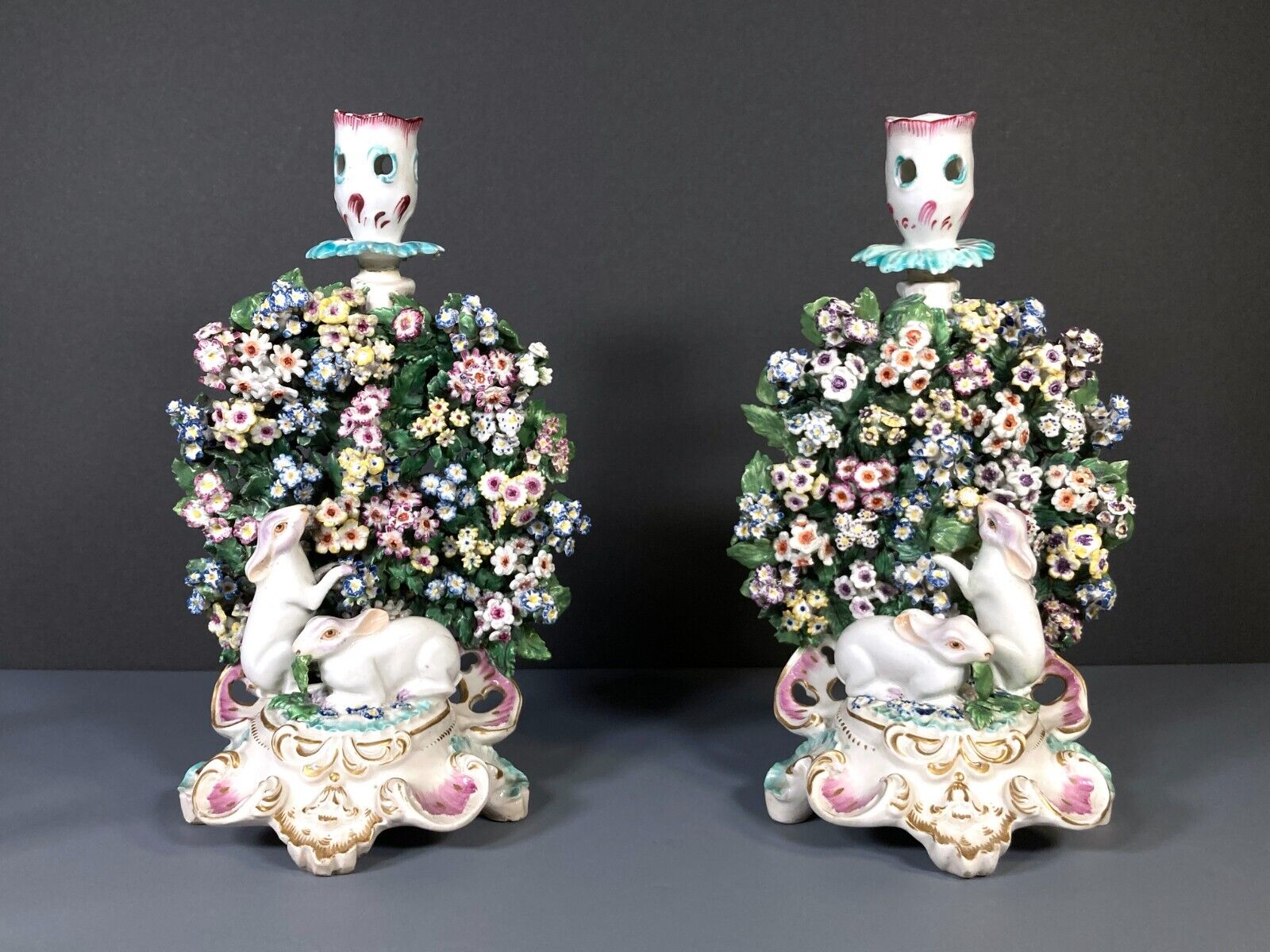 Pair 18th C English porcelain rabbits motif flower encrusted Candlestick/Holders