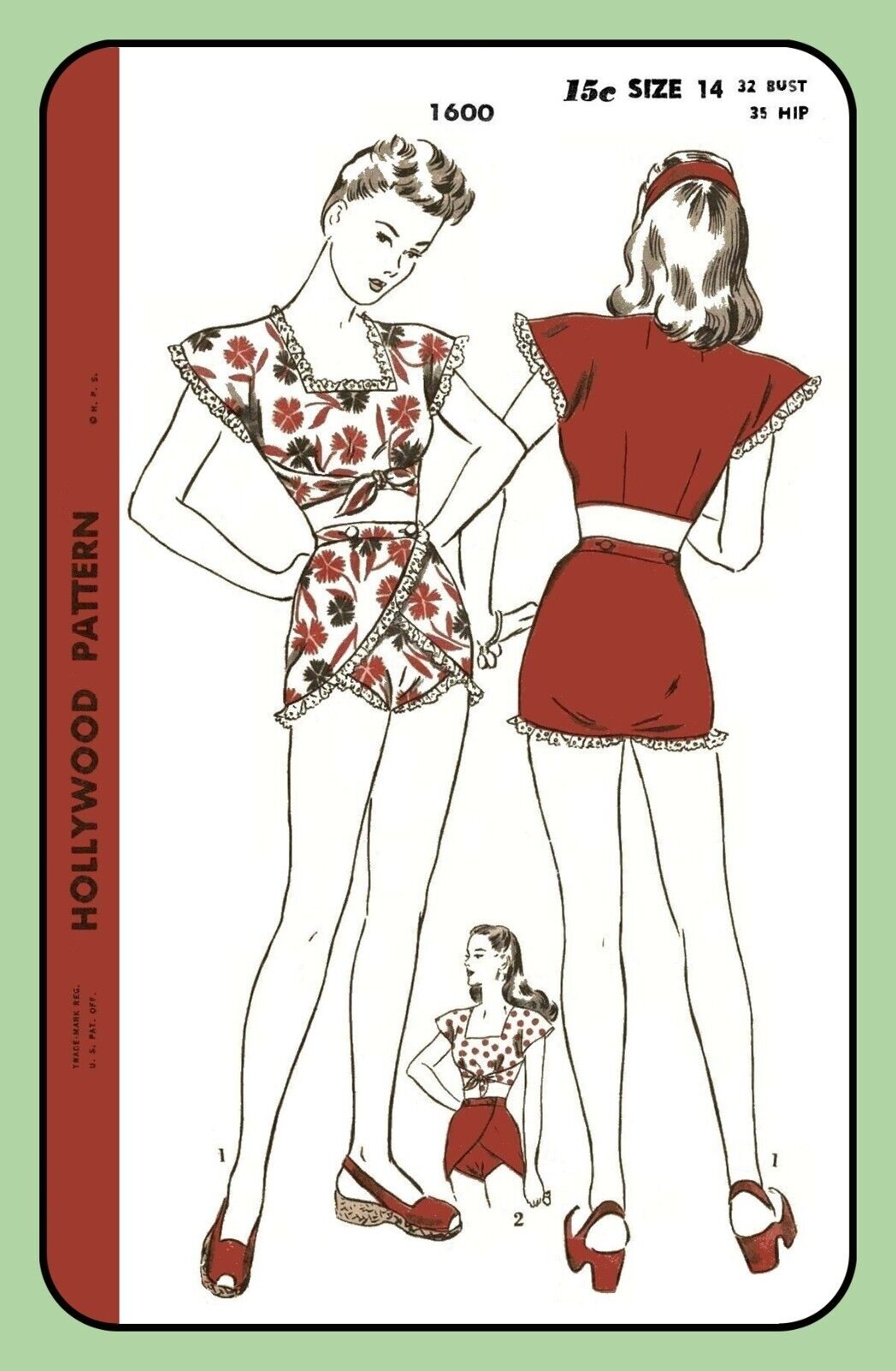 Two-Piece SUN SUIT Romper Misses JRs Hollywood 1600 RARE Vtg 1945 Sewing Pattern