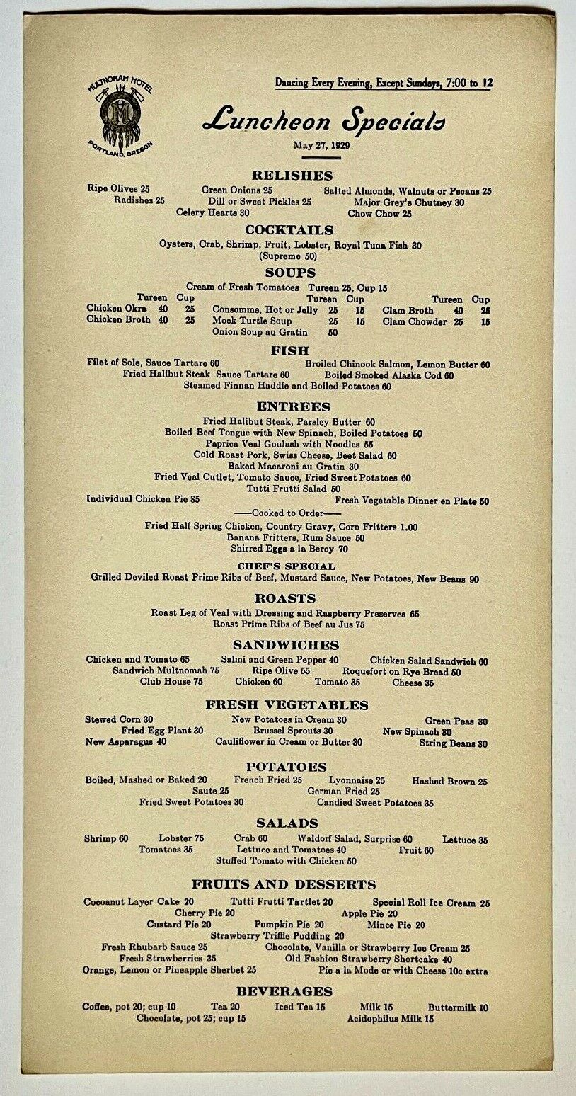 1929 Multnomah Hotel Restaurant Luncheon Menu Card May 27th Portland Oregon Vtg