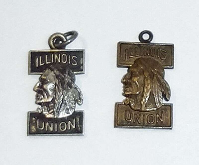 2 Vintage Illinois Union Pendants Silver & Gold Tone Native American Indian Head