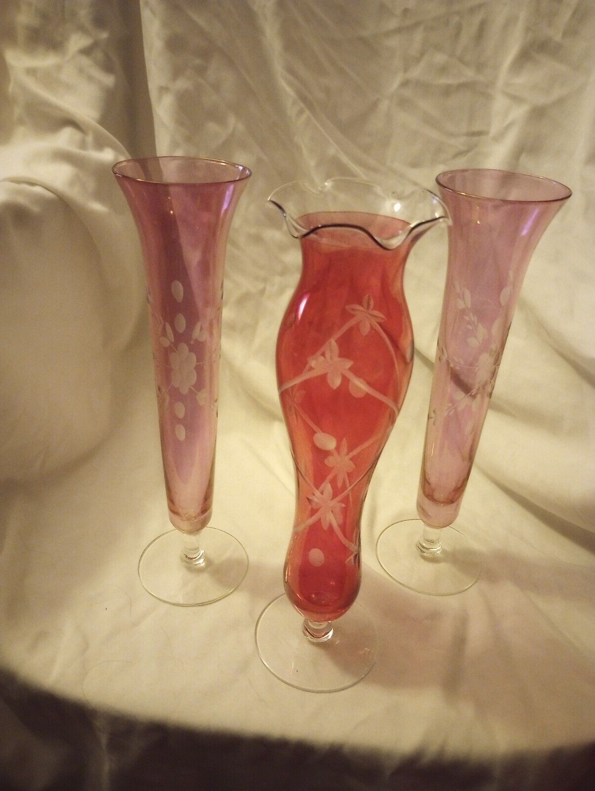 3 Antique Ruby Glass Etched Vases