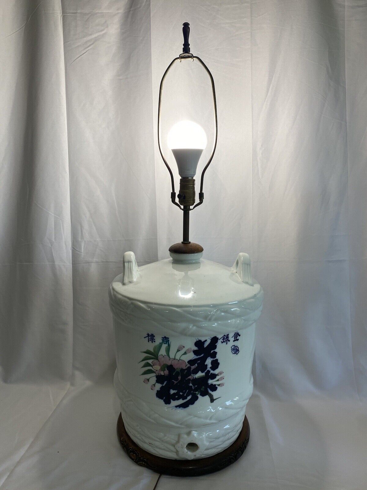 Antique 1900s RARE Large Color Japanese Ceramic Sake Barrel Jug Table Lamp