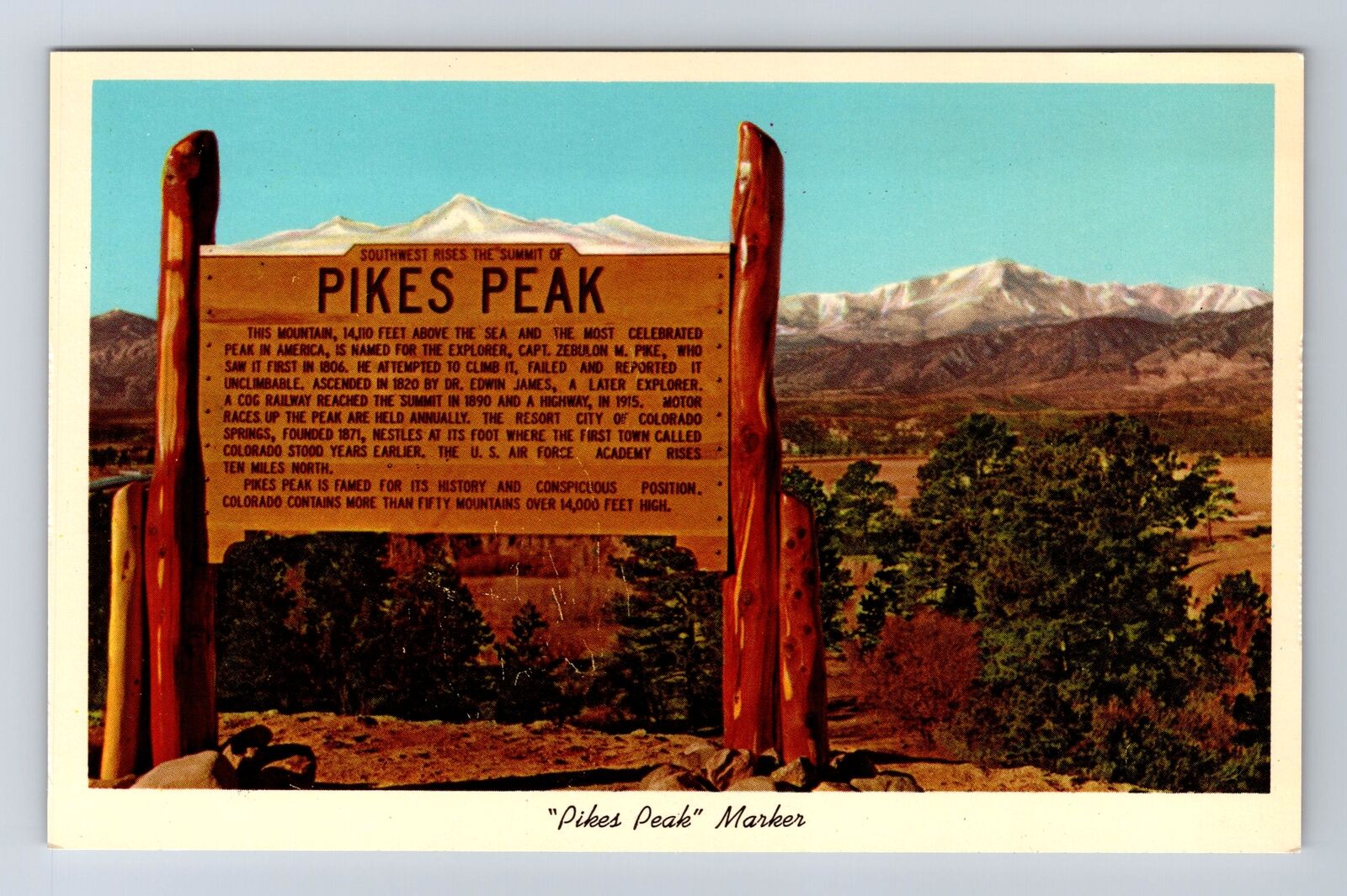 Colorado Springs CO-Colorado, Pikes Peak Marker on Highway, Vintage Postcard