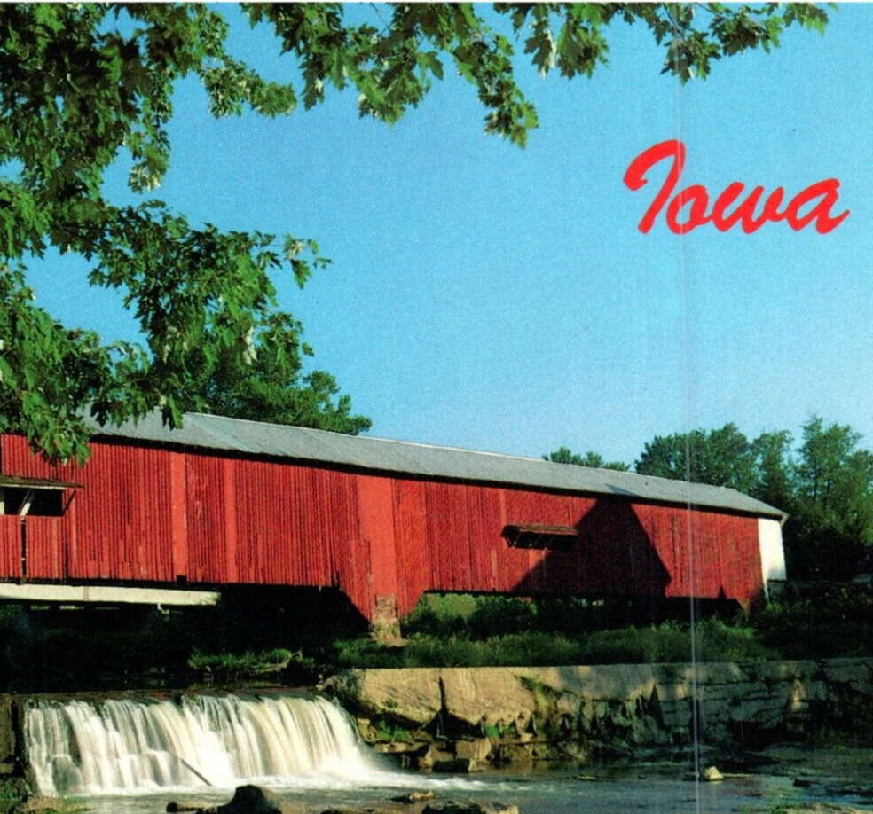 Vintage Postcard Iowa Red Covered Bridge Waterfall Landscape Chrome-J2-30