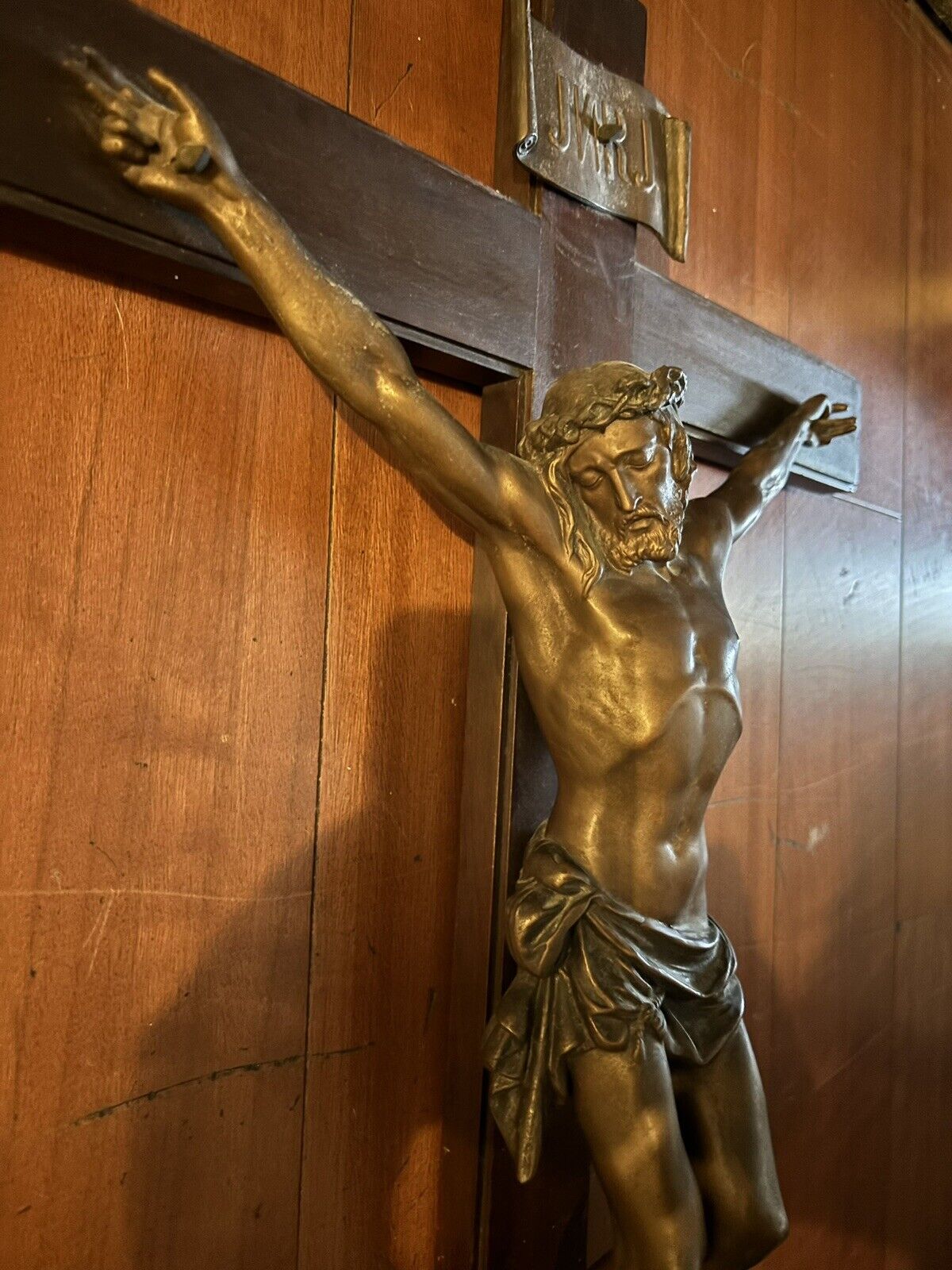 Antique Vintage Crucifix Bronze? Cooper? Metal? Wooden Cross Large And Heavy 
