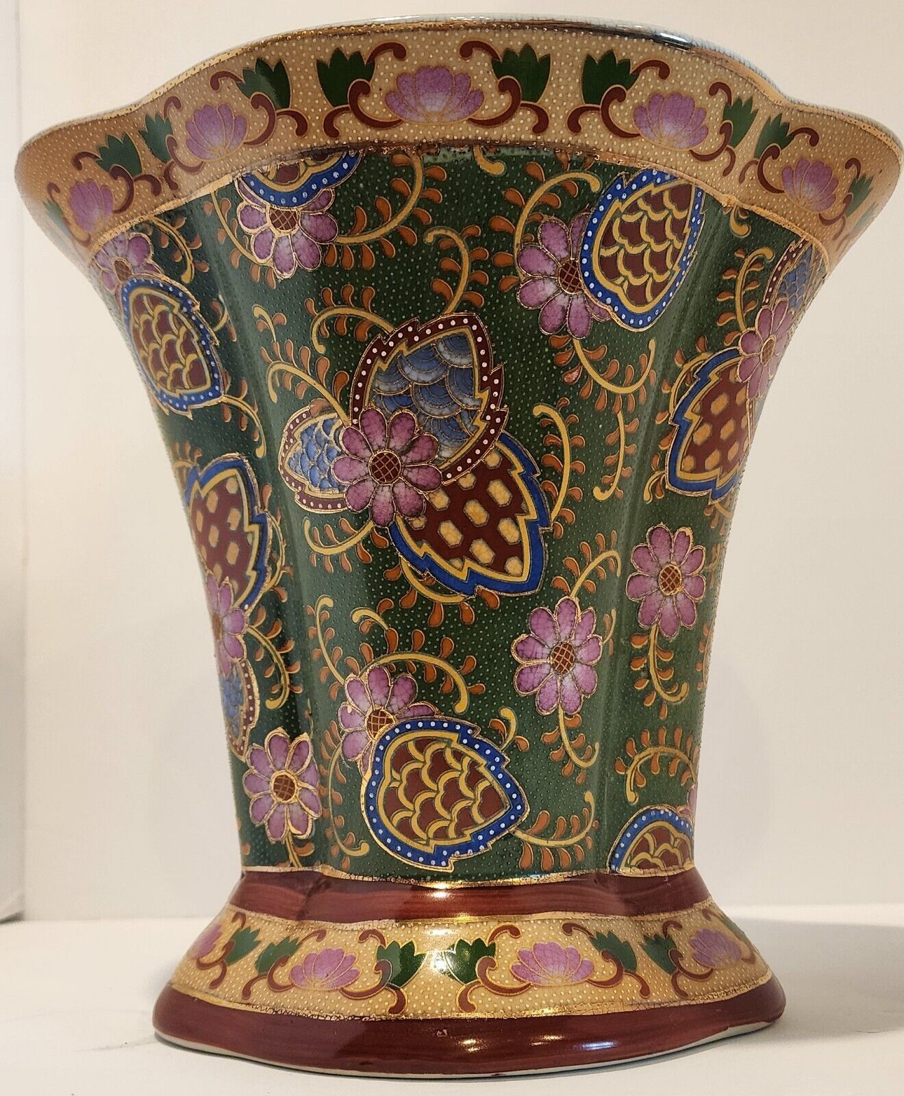 VTG Chinese Moriage Gilt Vase 10” Tall Lotus Flowers Satsuma Style Colorful