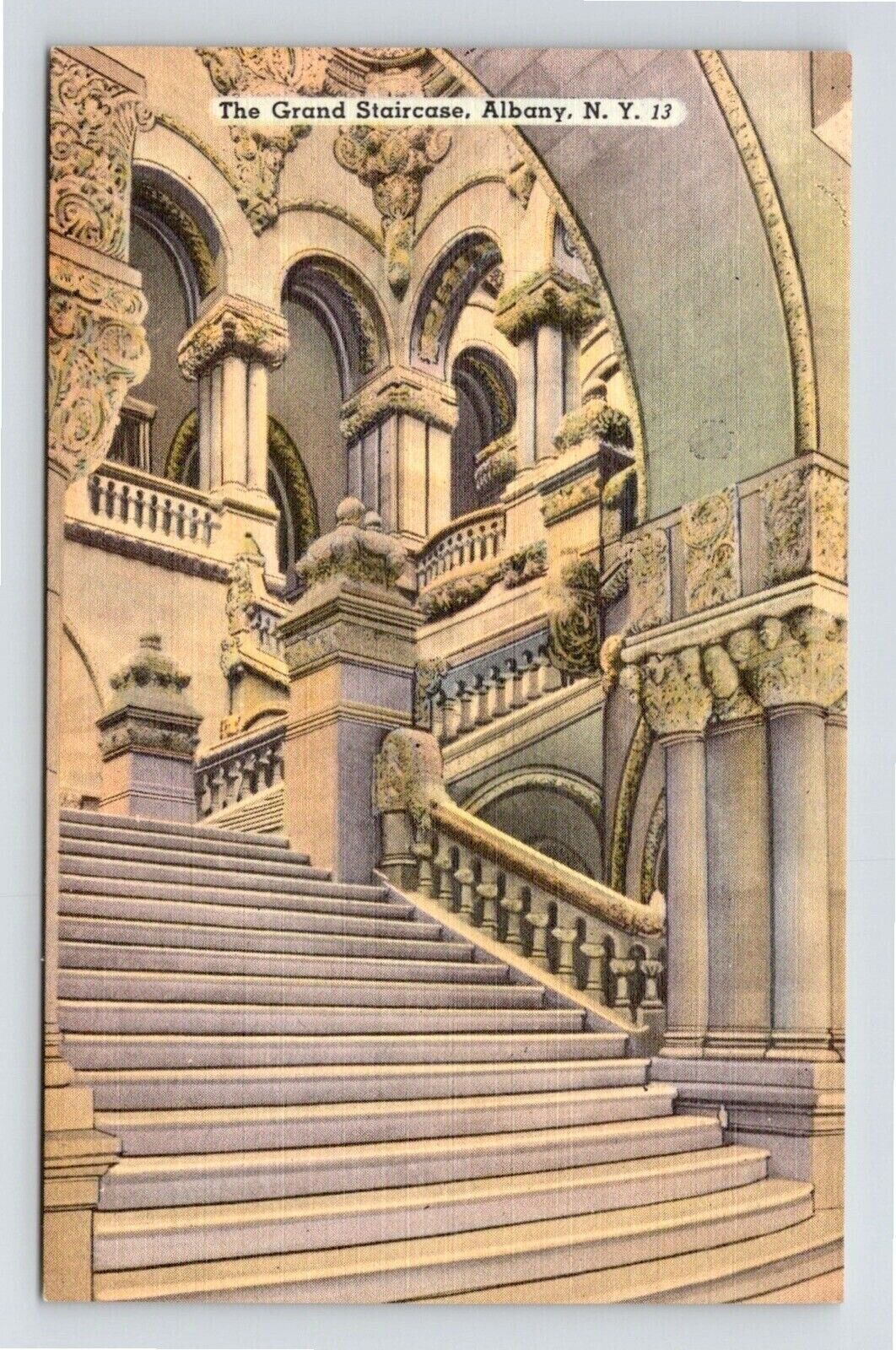 Grand Staircase Albany NY New York Linen Postcard UNP VTG Tichnor Unused Vintage