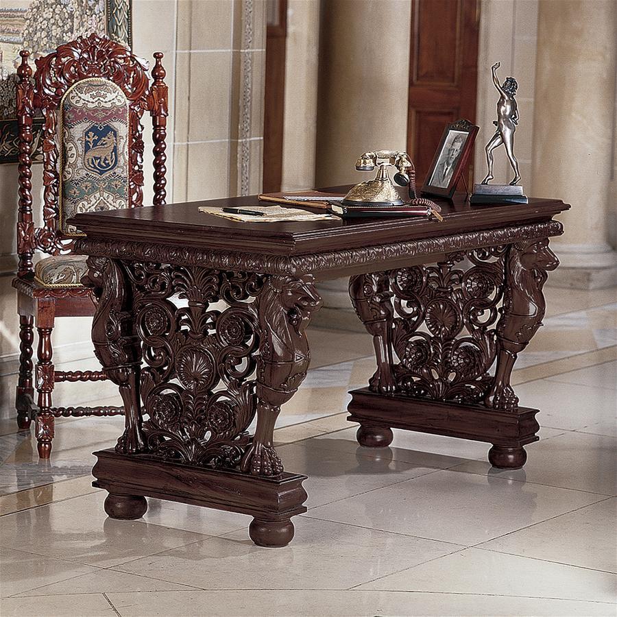 Hand-carved Solid Mahogany Antique Replica Gryphon Office Desk Furniture Art