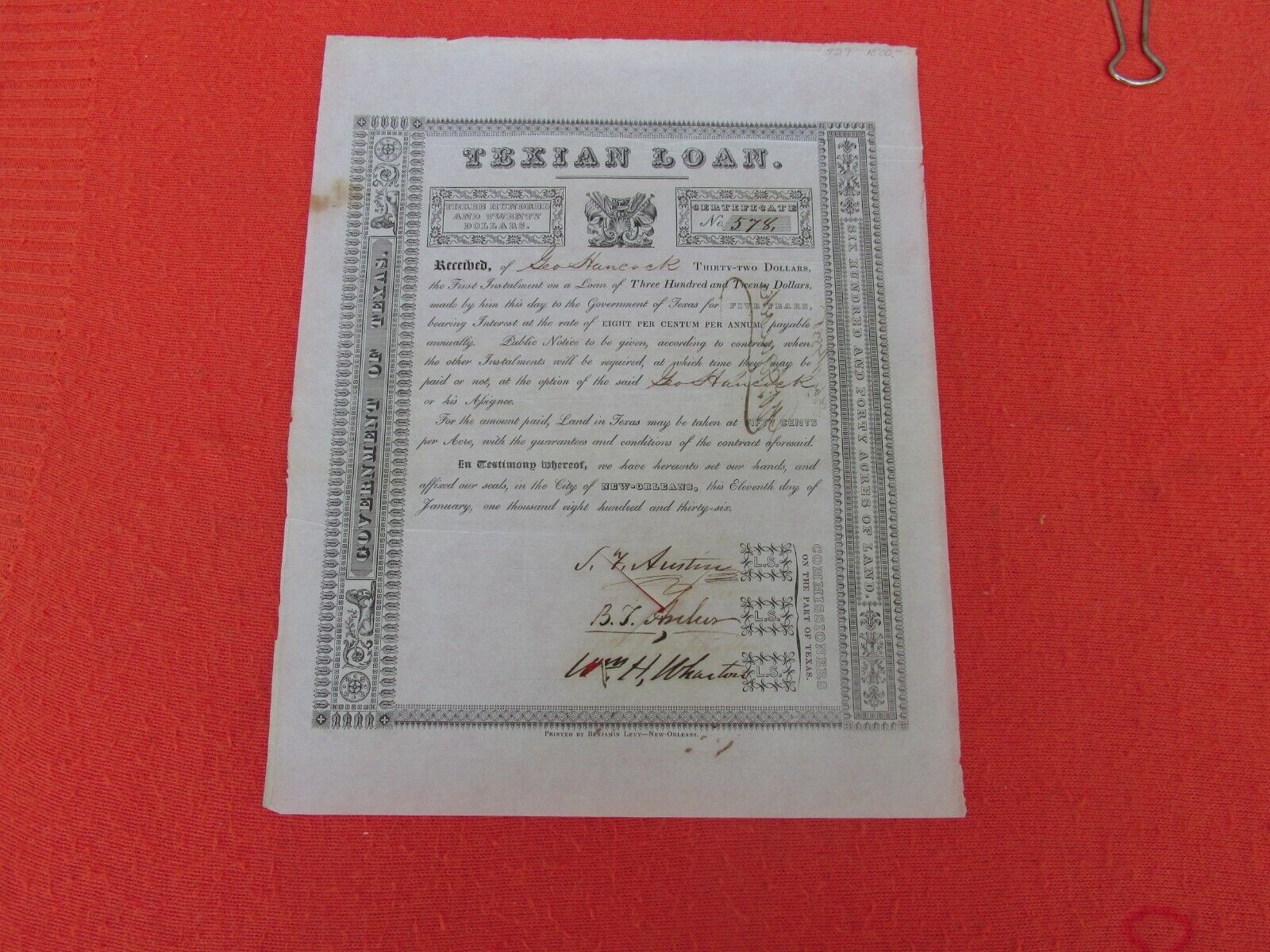 TEXIAN LOAN Certificate DR 1836 Stephen Austin Texas SCARCE