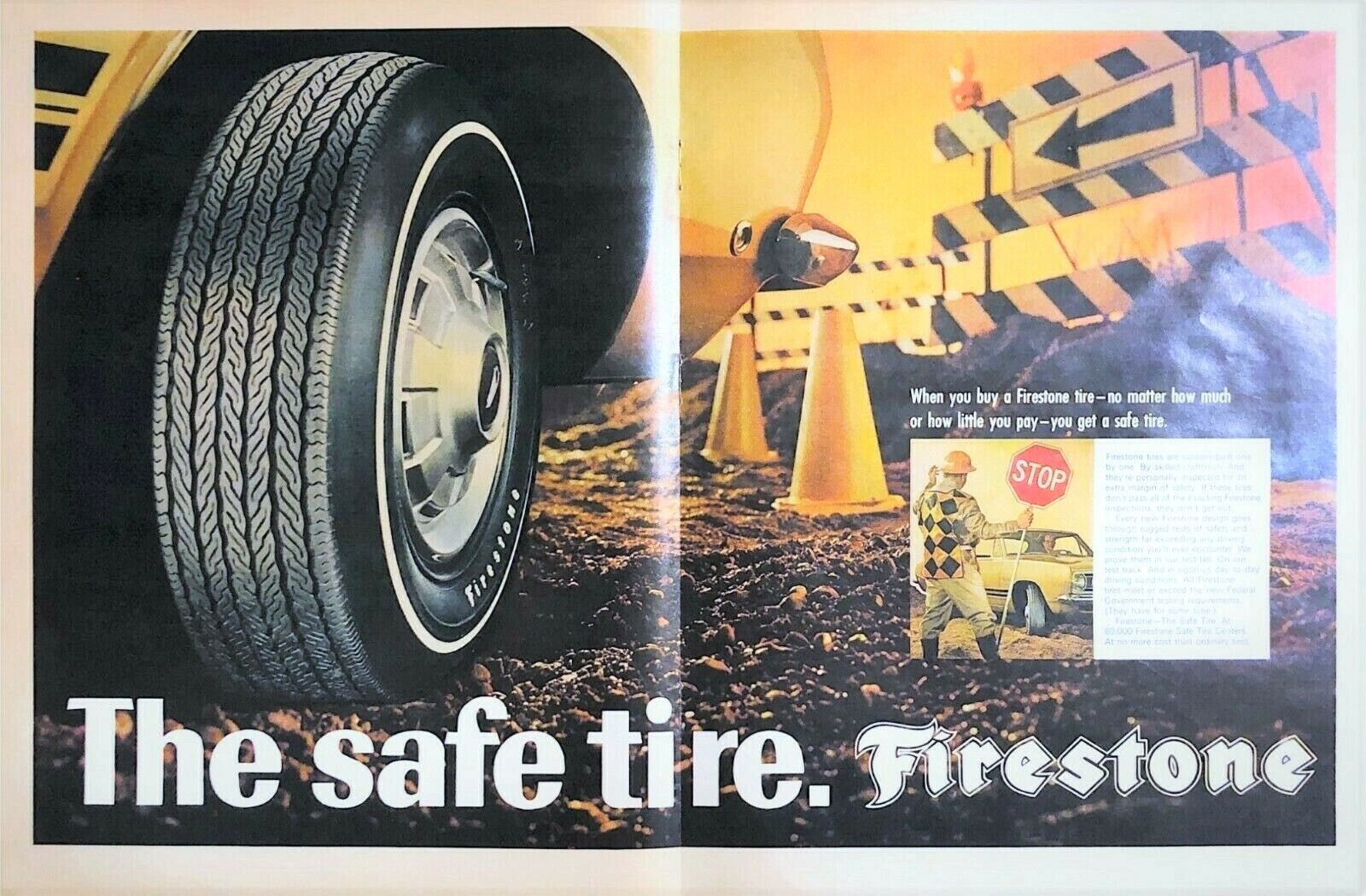 1968 Firestone 2 Page Vintage Print Ad The Safe Tire Construction Zone 