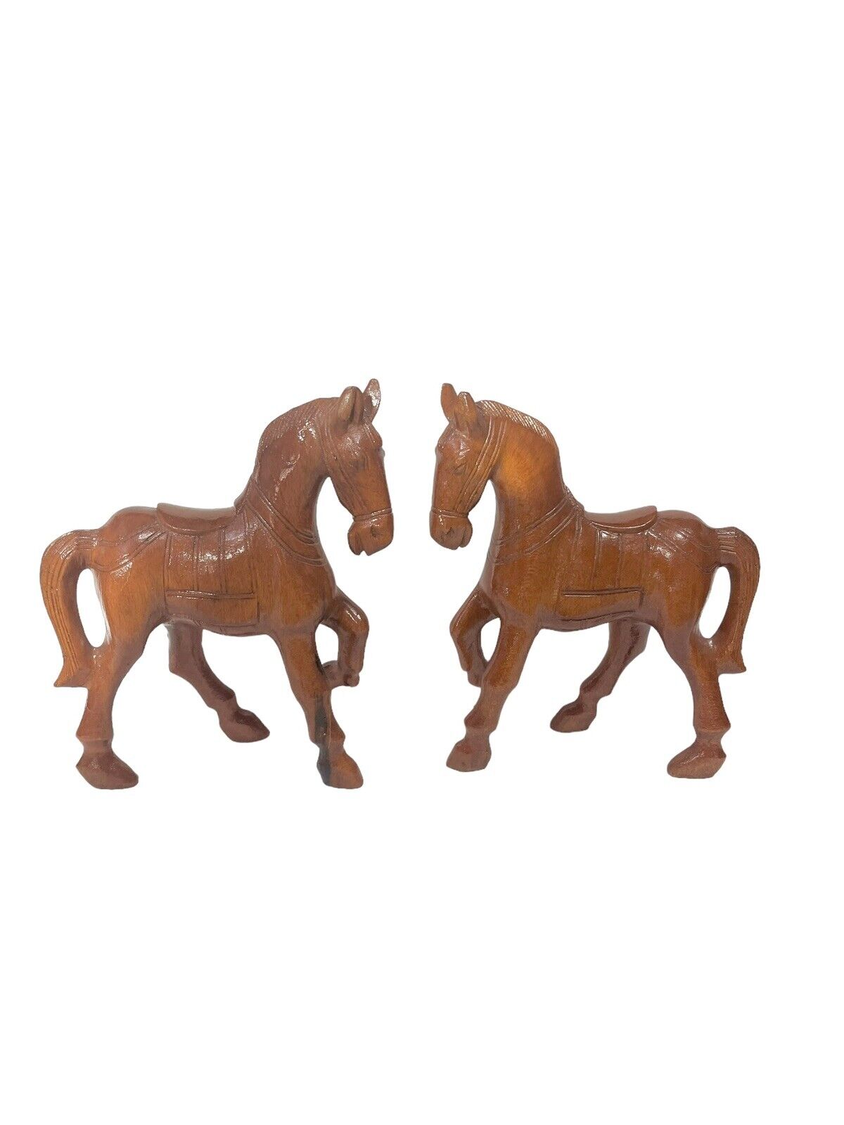 Pair Of Carved Wooden Horse Figurine Chinese Wood 10,5”