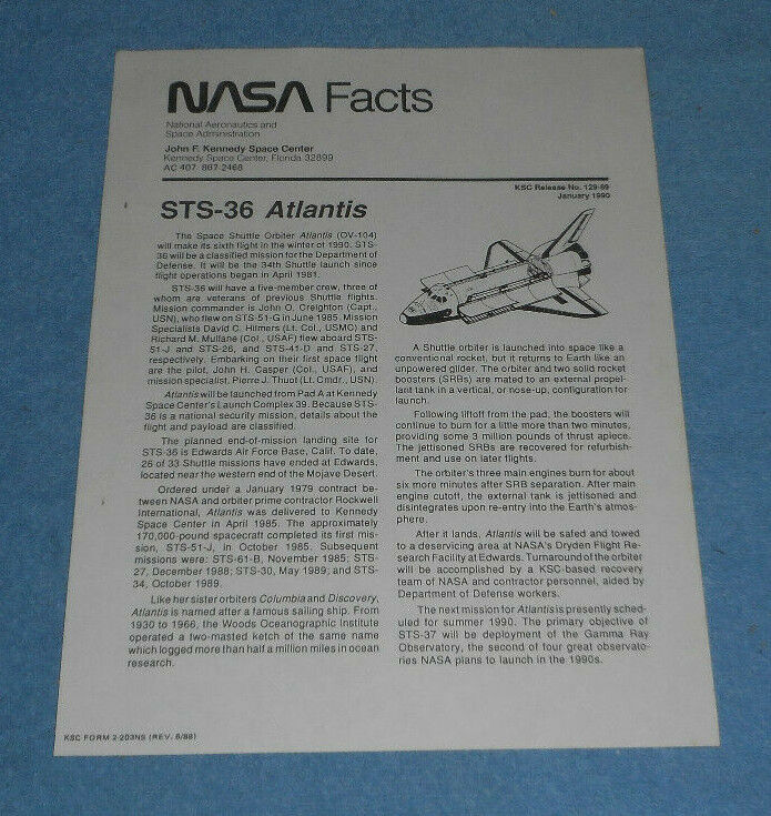 1990 NASA Facts STS-36 Space Shuttle Atlantis Mission