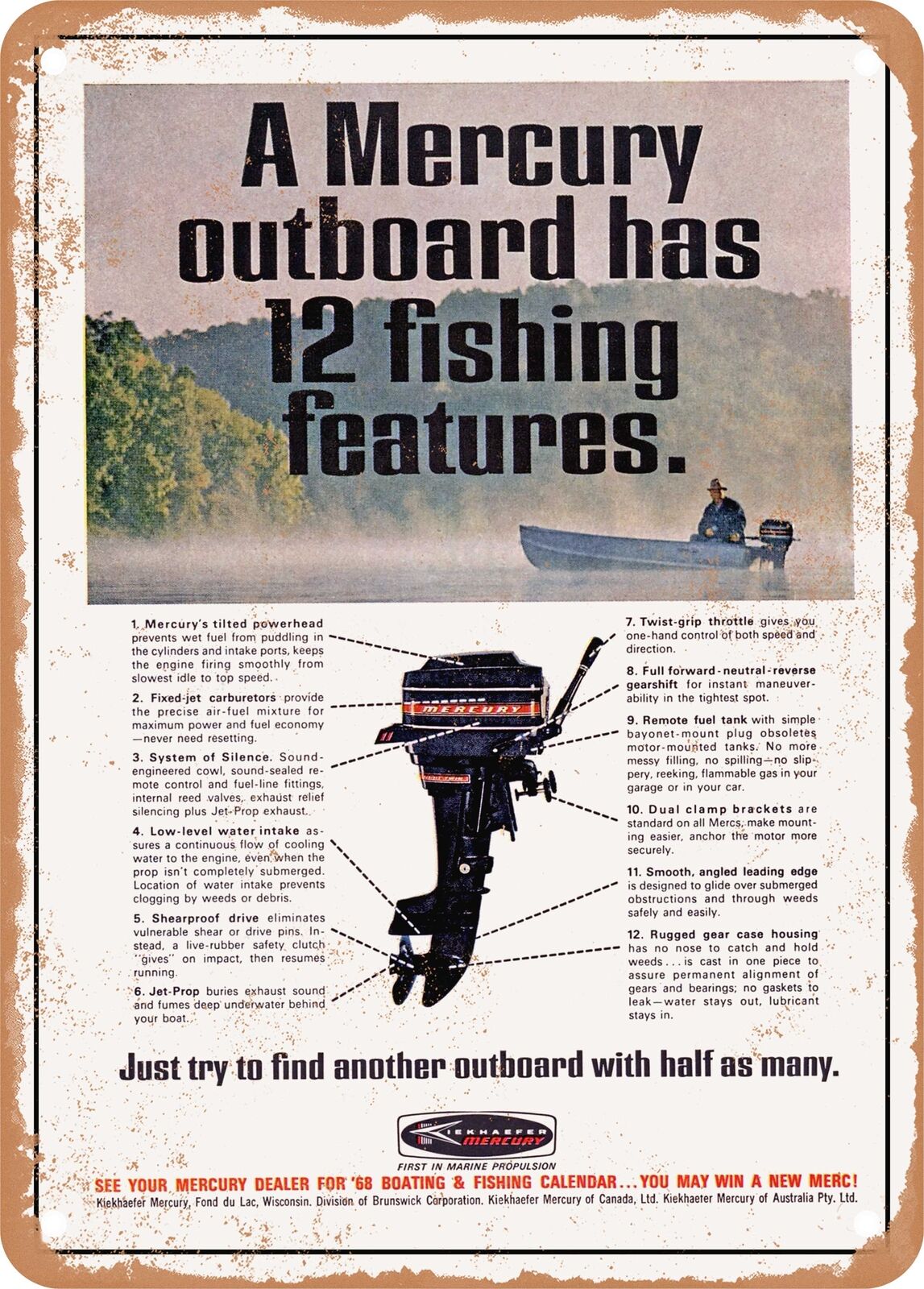 METAL SIGN - 1968 A Mercury Outboard Has 12 Fishing Features Vintage Ad
