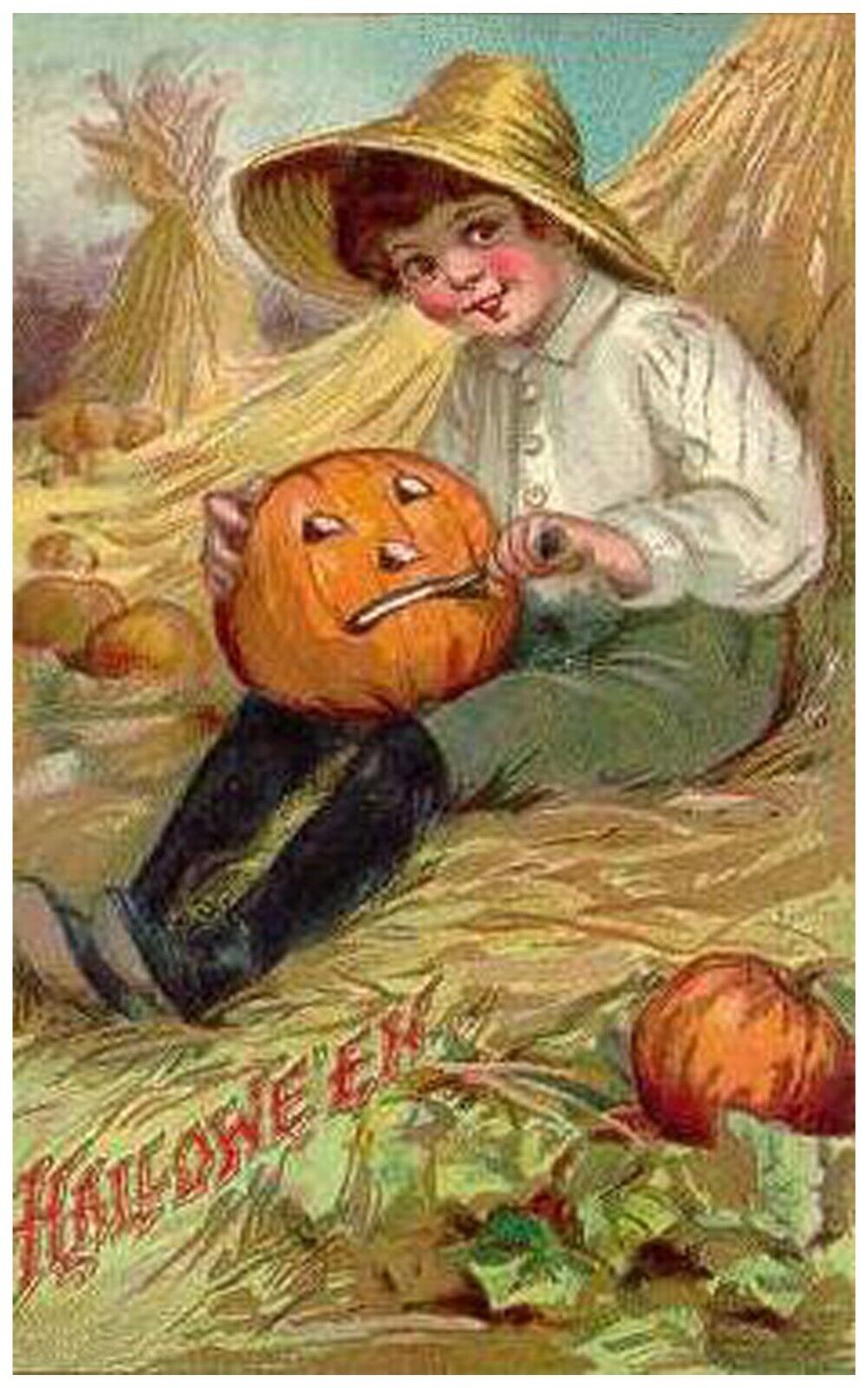 Postcard Halloween Boy In Hay Field Carving Pumpkin Faces Reprint #18270