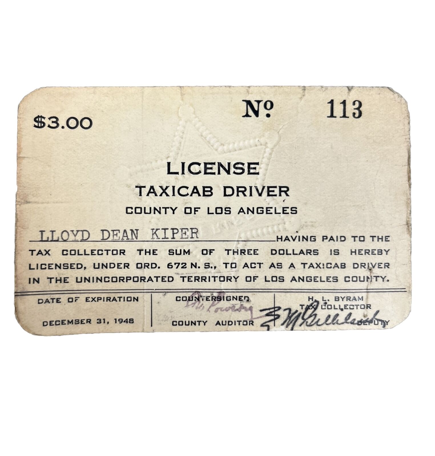 LOS ANGELES CHAUFFEUR TAXI CAB 1948 PROFESSIONAL DRIVERS LICENSE VINTAGE