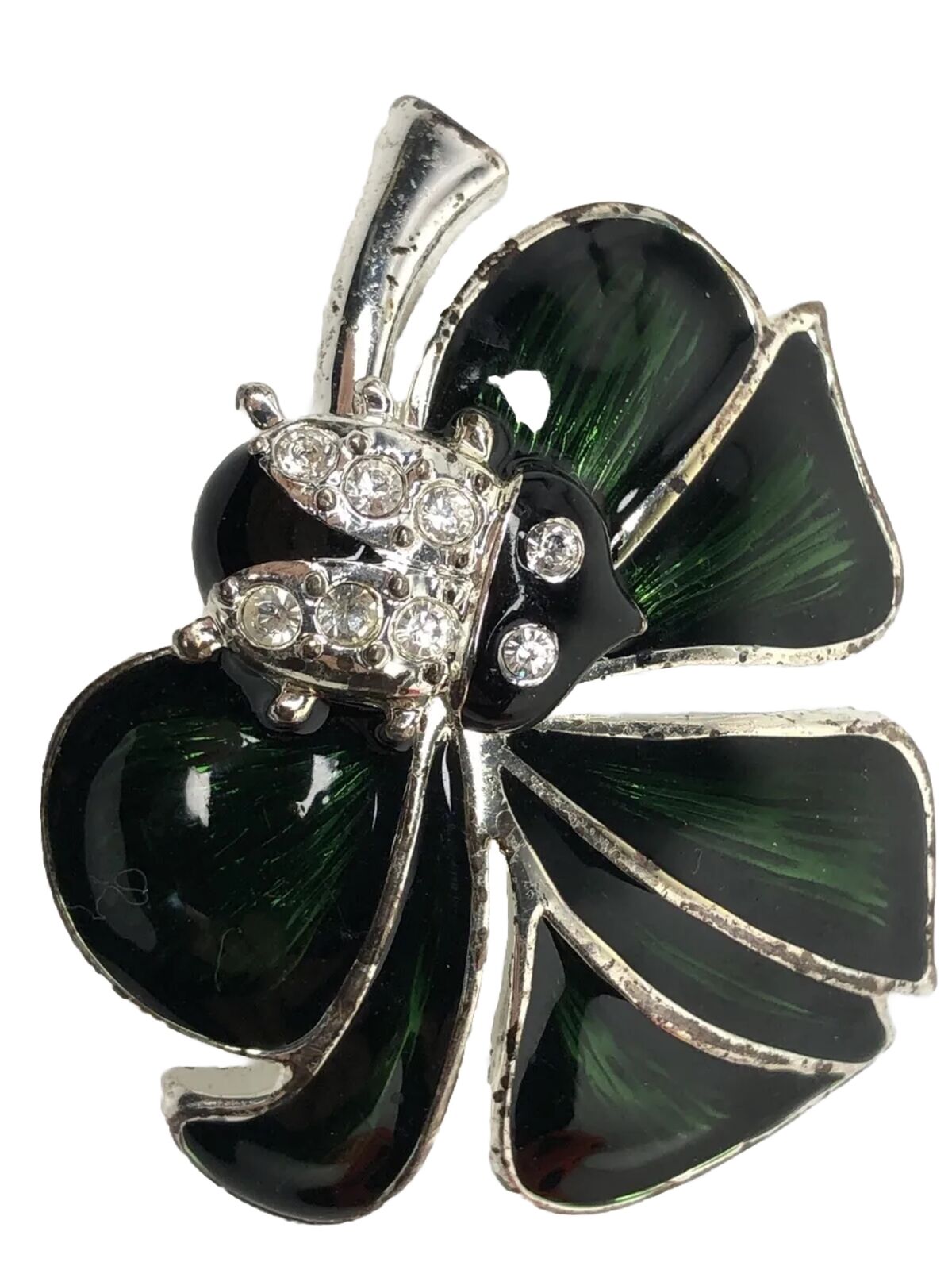 Vintage Signed Ladybug Leaf Enamel Brooch Pin Silver Tone Rhinestone 1.75” Bug