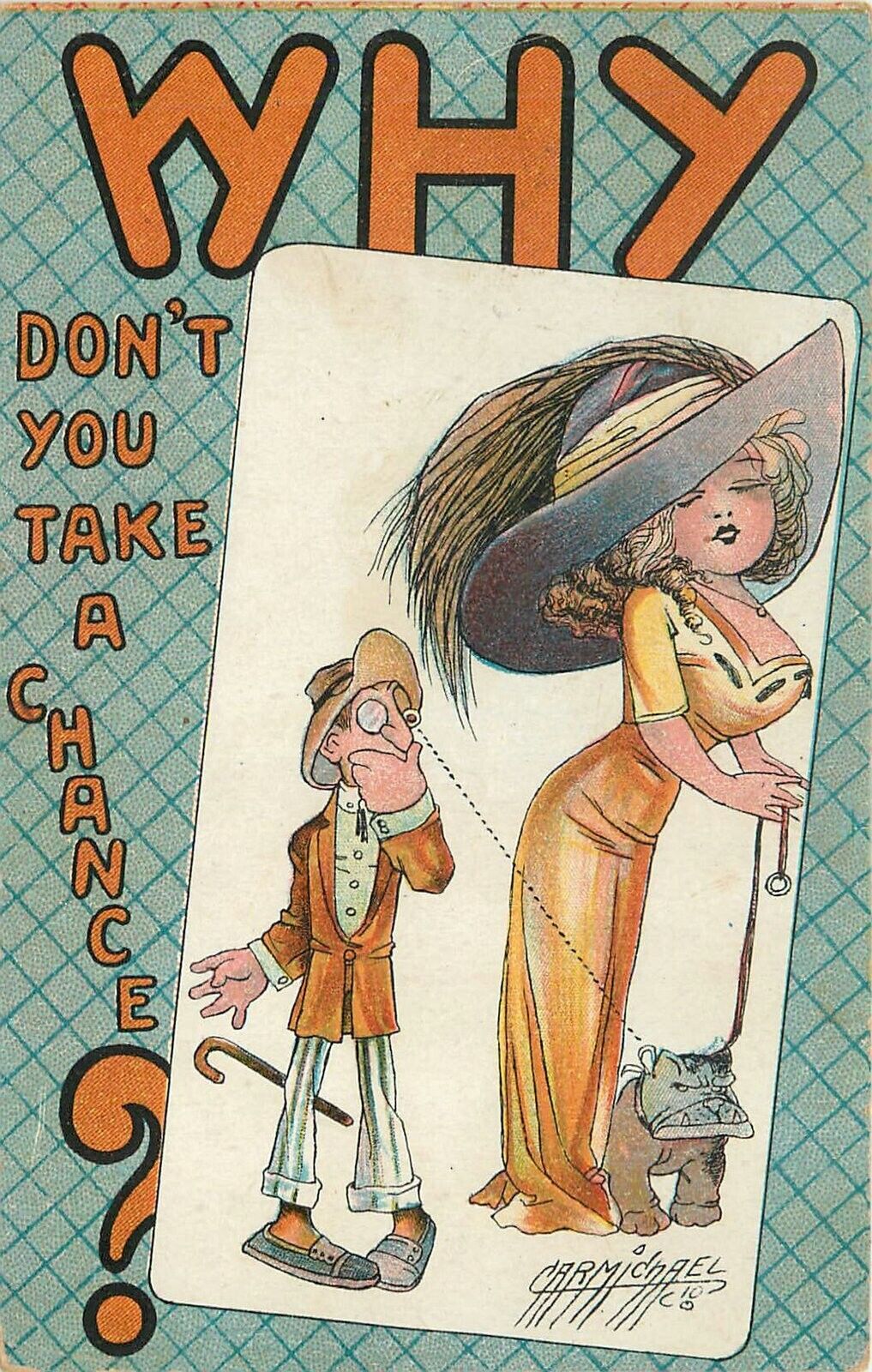 Postcard 1912 Carmichael Sexy woman Why Series Comic humor 23-13676