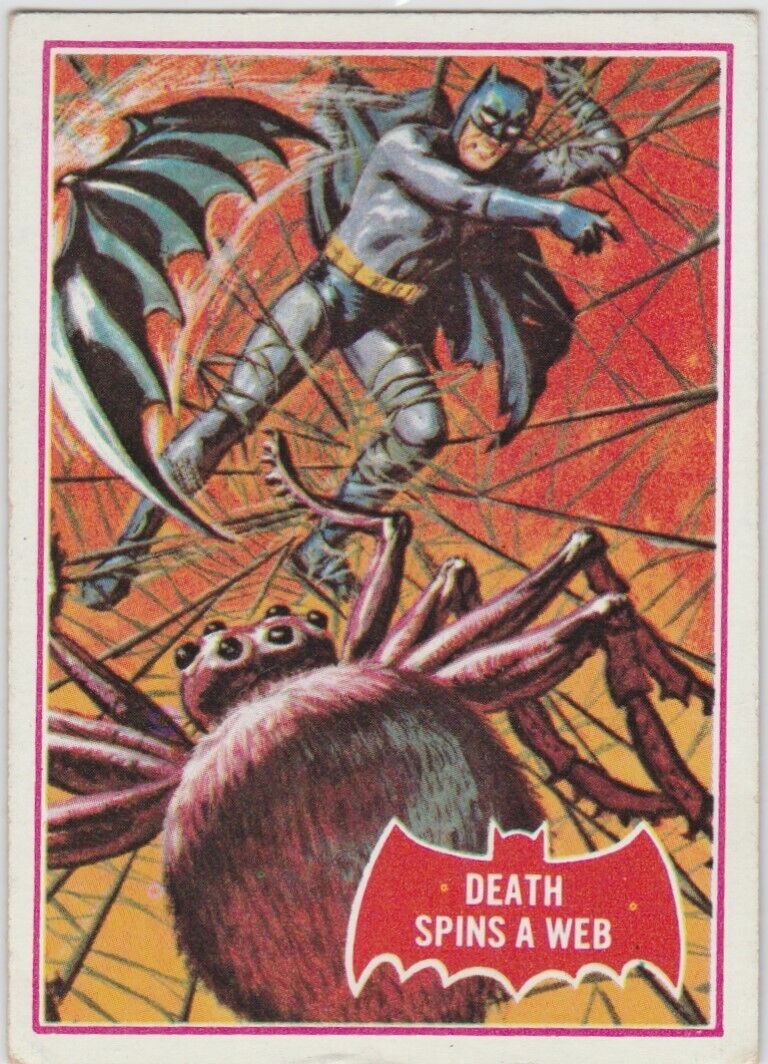 1966 Topps Batman A Series Red Bat Logo Base #18A Death Spins A Web