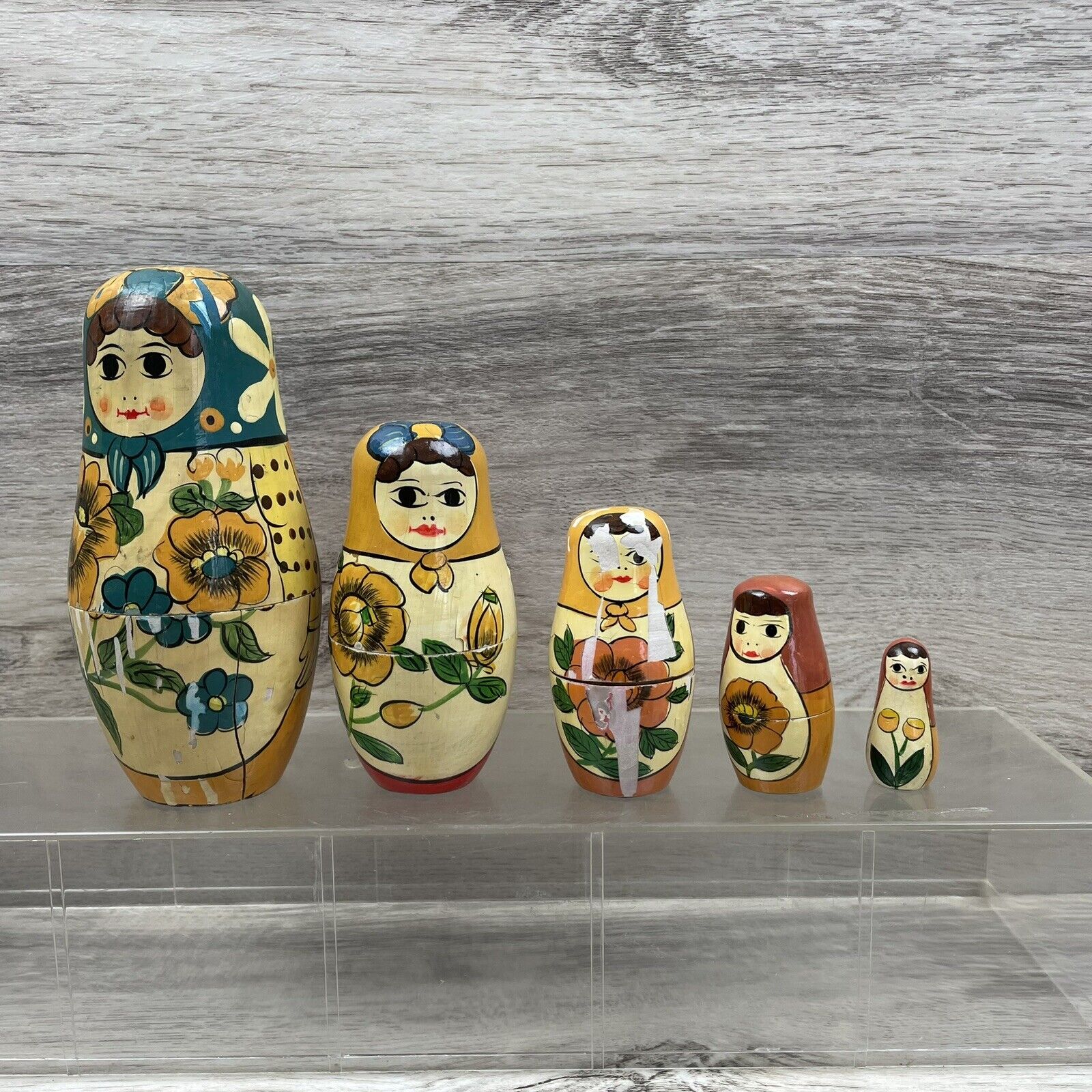 Vintage Russian Wooden Nesting Dolls 5 Hand Painted