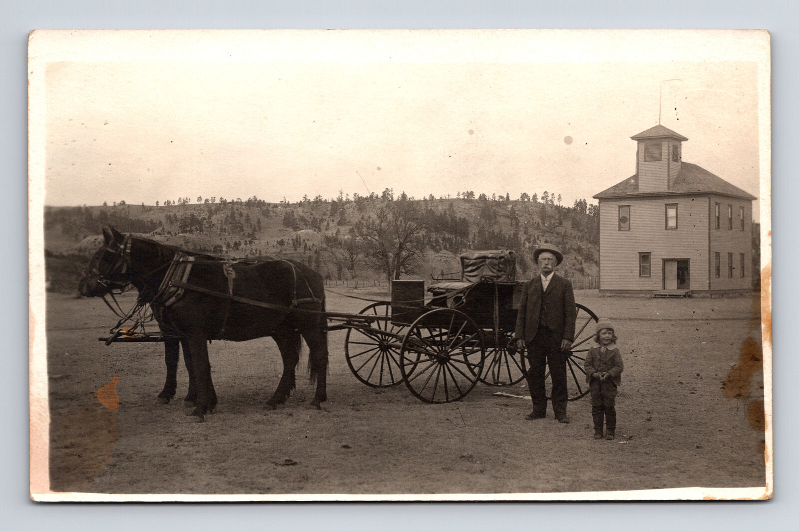 RPPC Man & Child by Old School House Two Horse Carriage Buggy Unknown Postcard