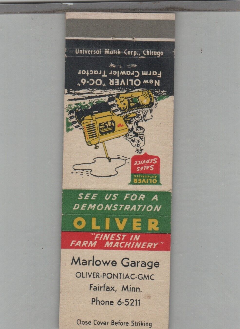 Matchbook Cover Oliver Tractor OC-6 Marlowe Garage Fairfax, MN