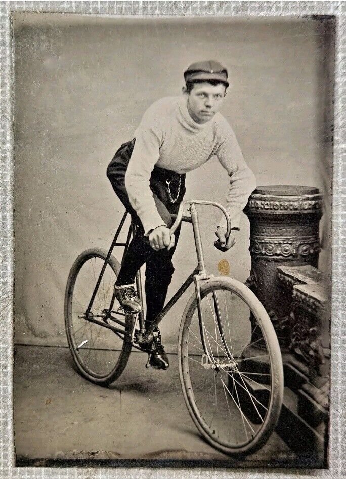Vintage Old 1880s Tin Type Tintype Photo of Man Riding a Race BICYCLE Bike 