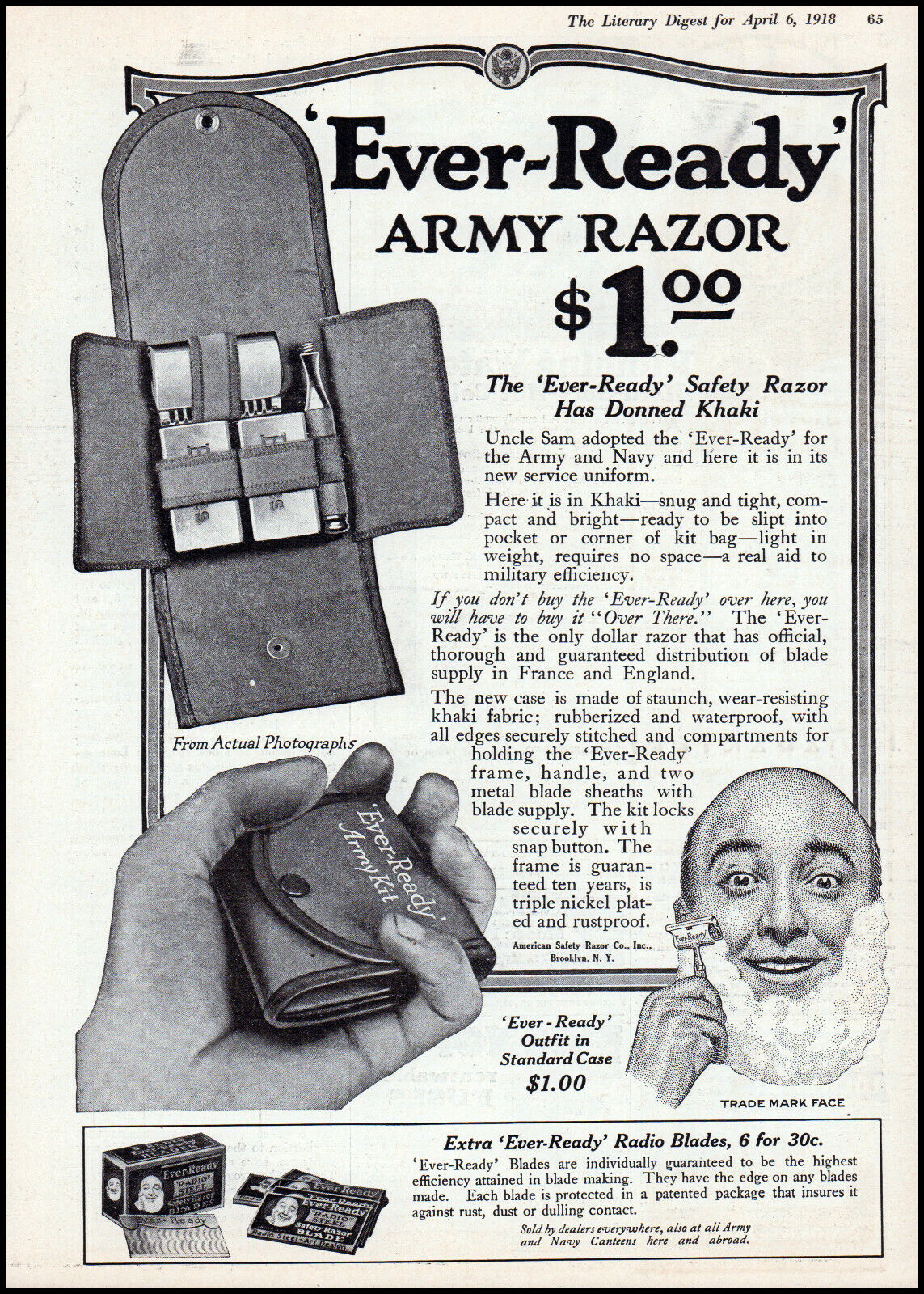1918 Man shaving Ever-Ready Army razor w/ radio blades vintage art print ad S20