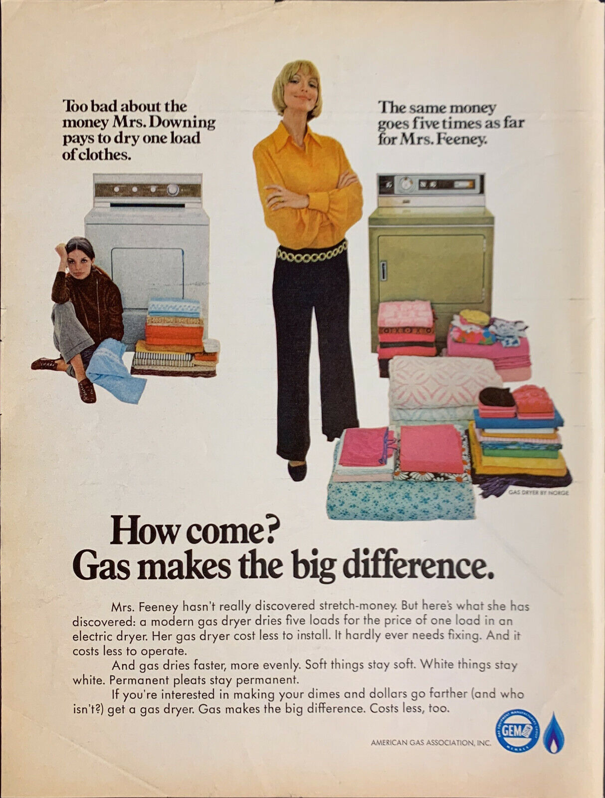 Vintage 1968 American Gas Assoc. 2 Women With Cloths & Dryer Advertisement
