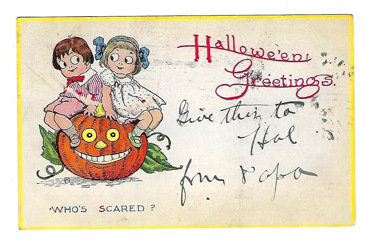 c1912 Gibson Art Halloween Postcard Girls Sitting on Pumpkin
