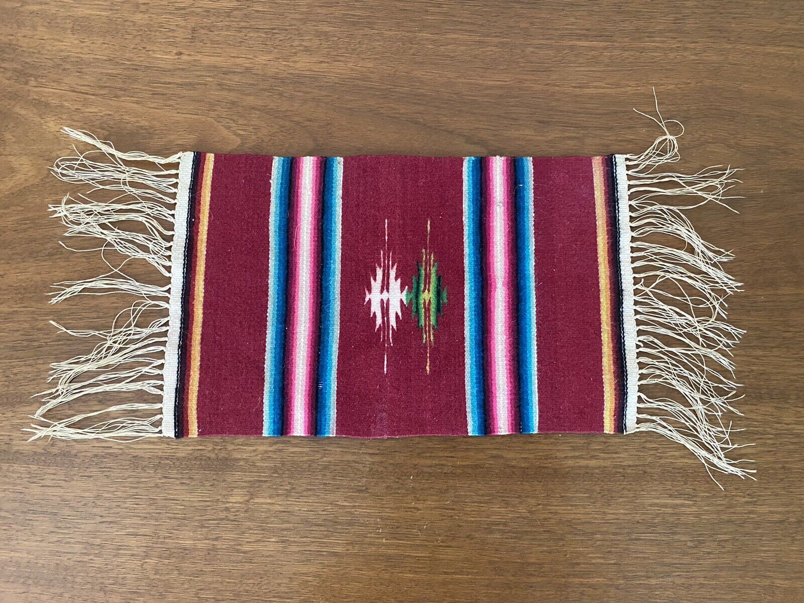 Vtg 1940’s Southwest Wool Saltillo Serape Mexican Table Rug Mexico 14” X 6”