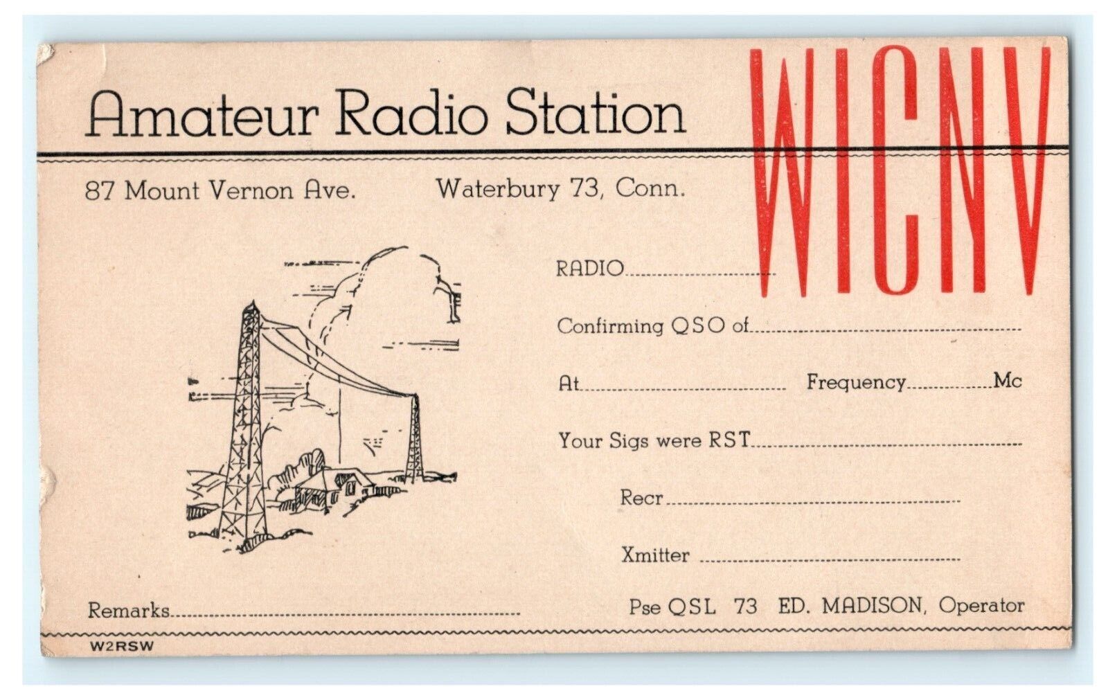 Amateur Radio Station W1CNV QSL Radio Card Waterbury CT Connecticut