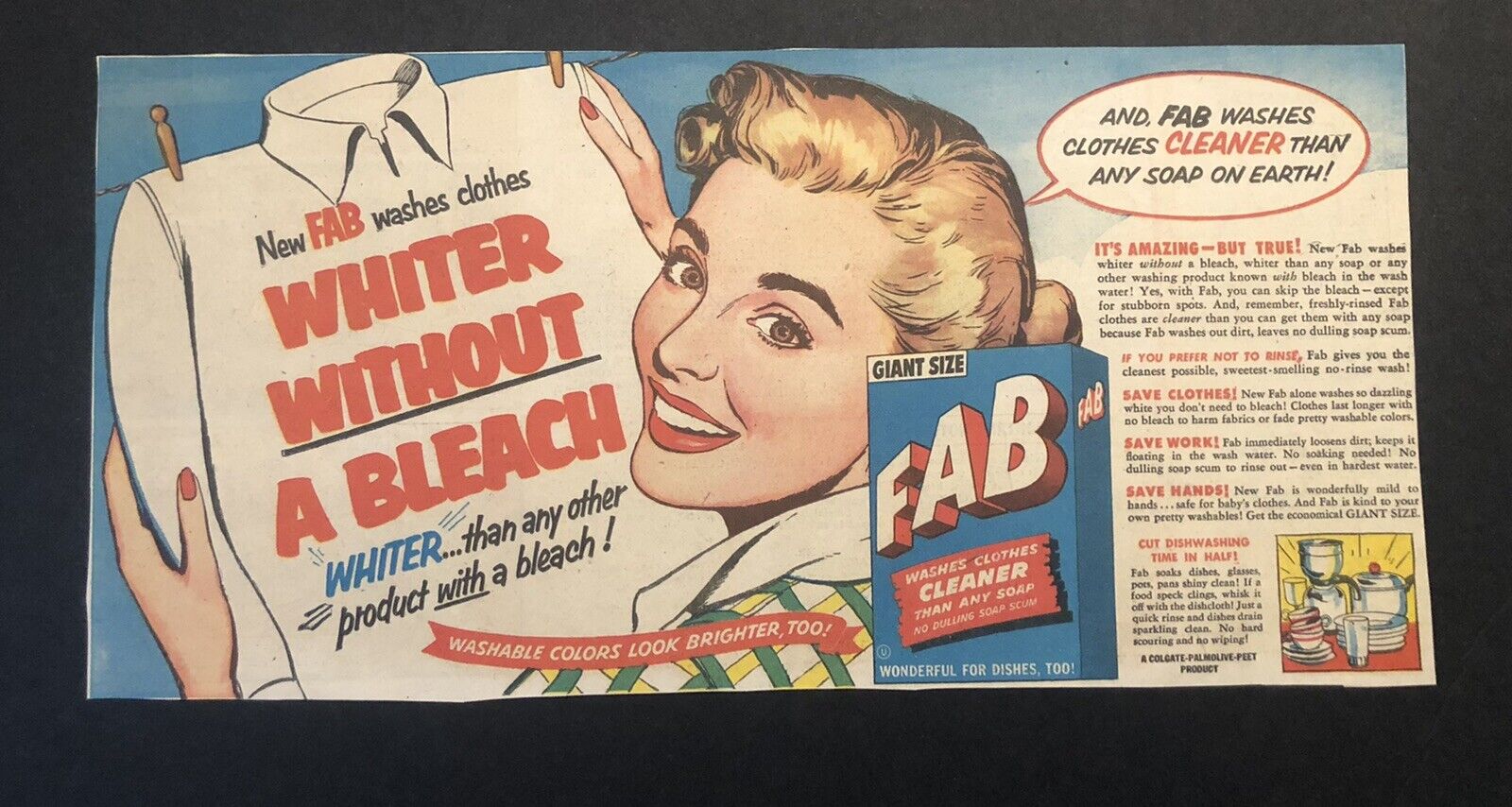 1950’s Fab Laundry Soap Colored Comic Newspaper Ad CC